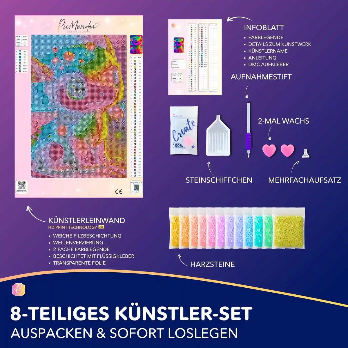 Diamond Painting Set Regenbogendrache für Kinder mit Leinwand 20x30cm, bunten Harzsteinen und komplettem Zubehör