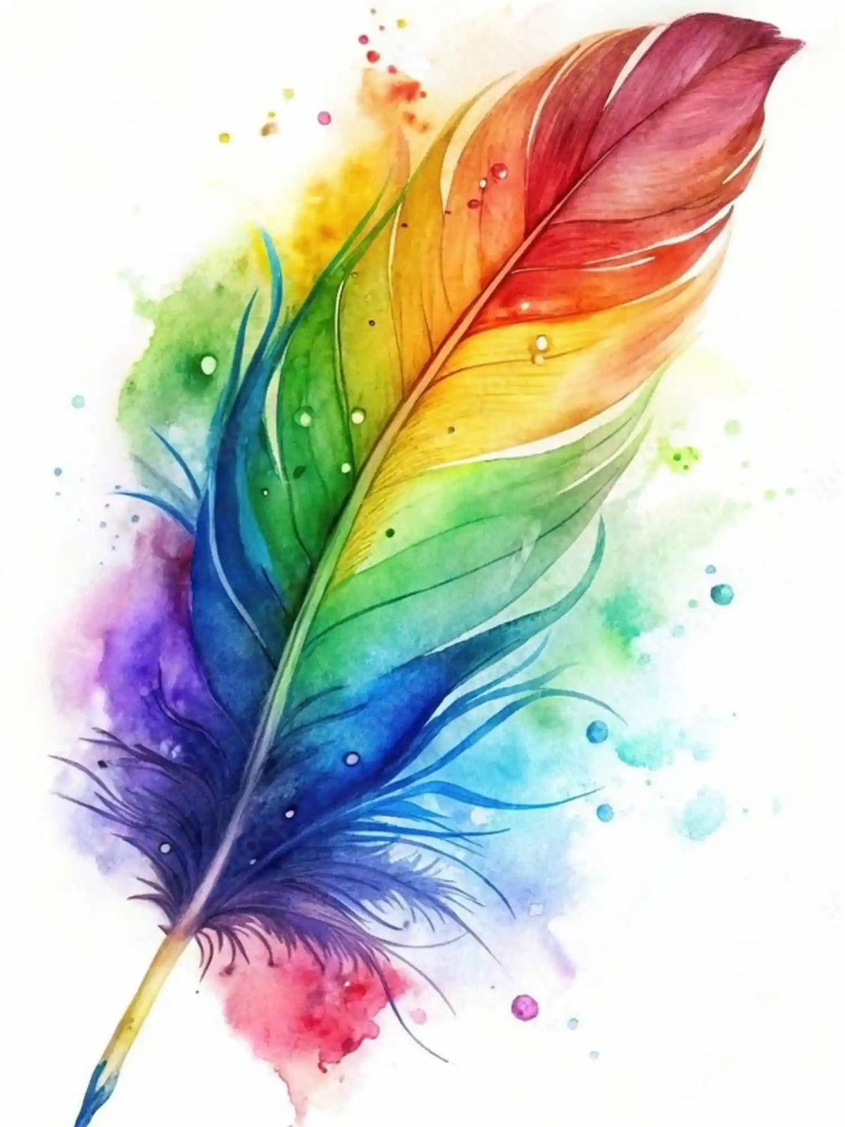 Diamond Painting Set bunte Regenbogen-Feder im Aquarell-Stil als kreatives Bastelprojekt auf Leinwand