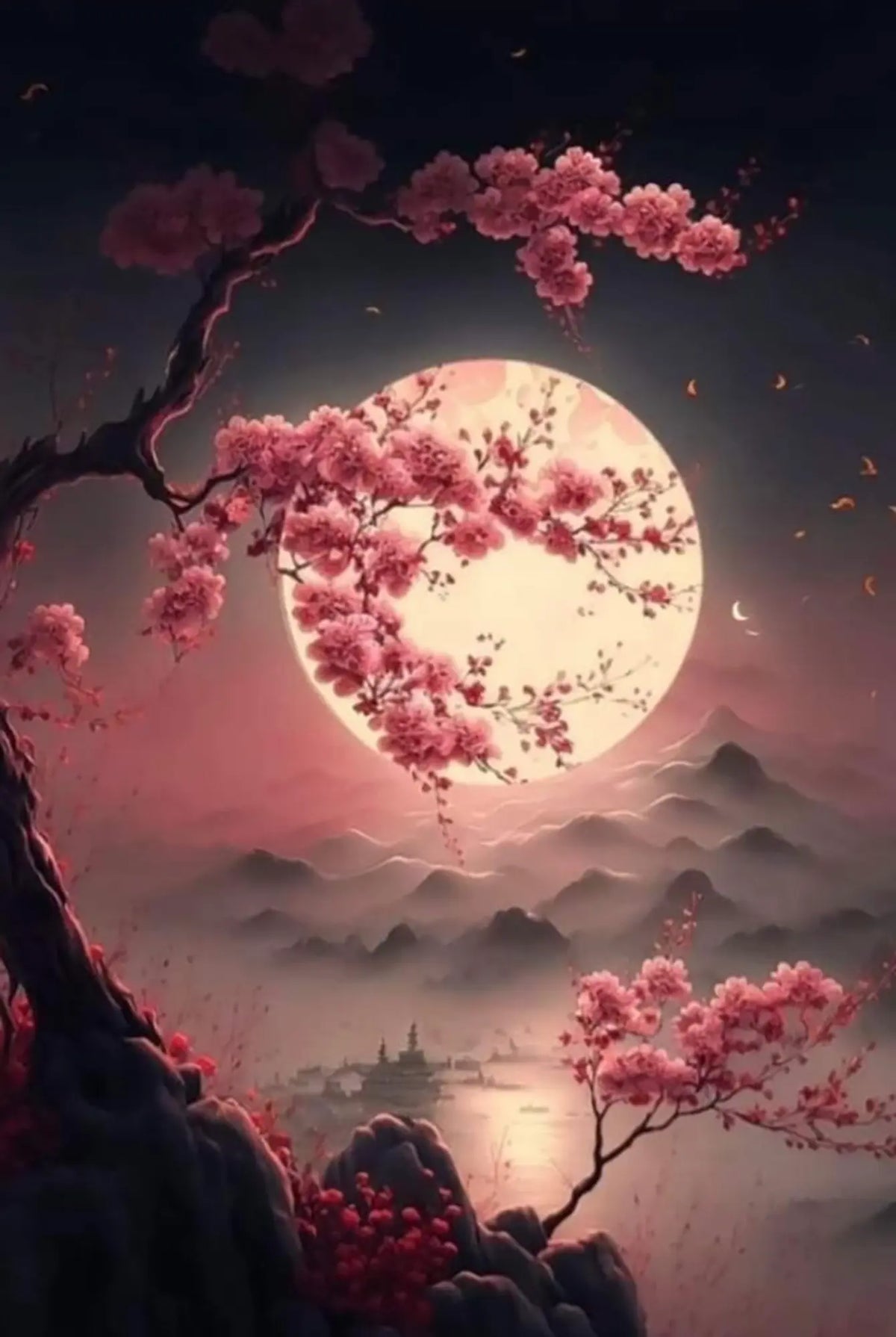 Diamond Painting Leuchtbild mit Kirschblüten vor großem Vollmond in einer nächtlichen Berglandschaft mit Leuchtsteinen.