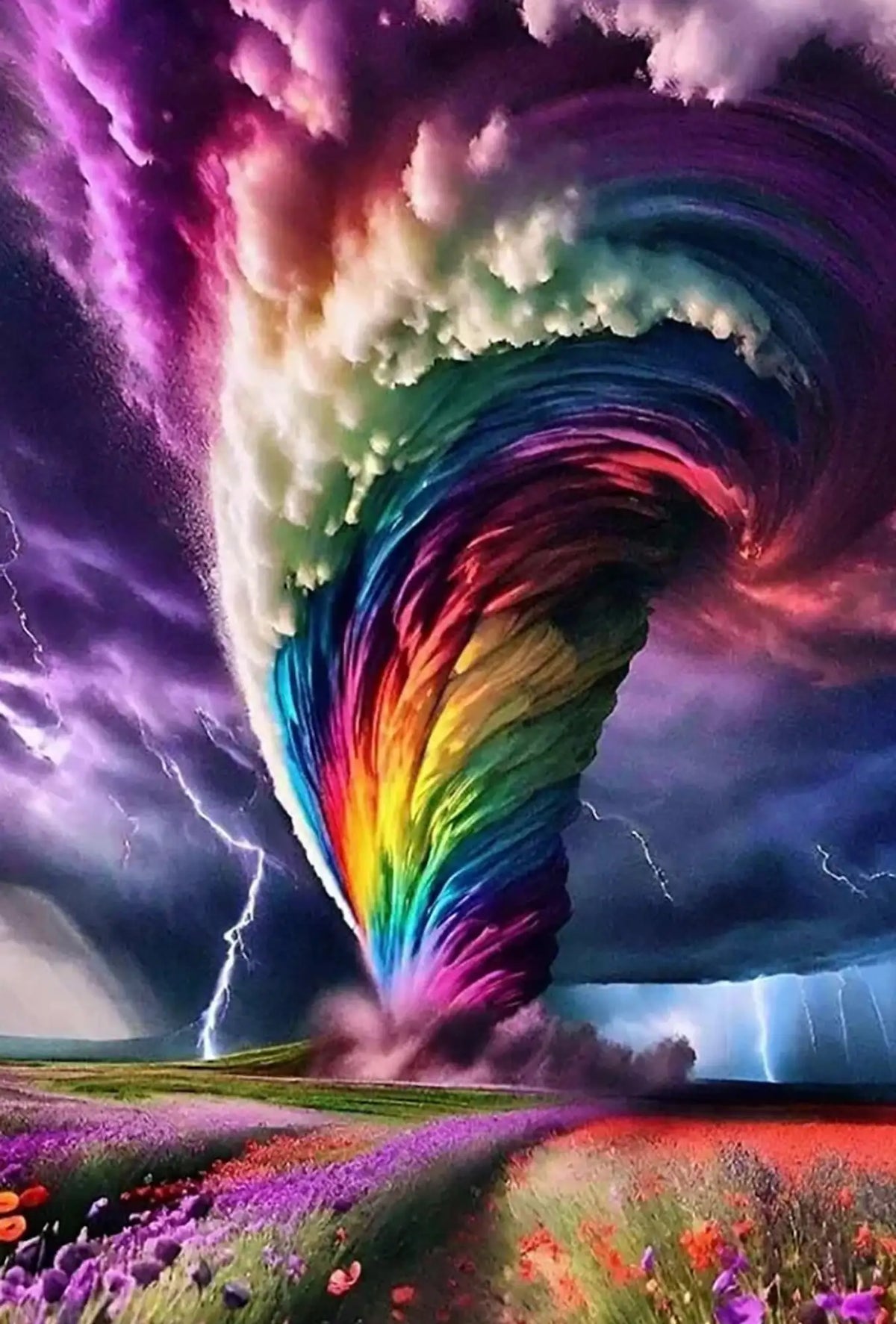 Diamond Painting Wirbelsturm der Farben mit buntem Tornado über einer Blumenwiese im Gewitter