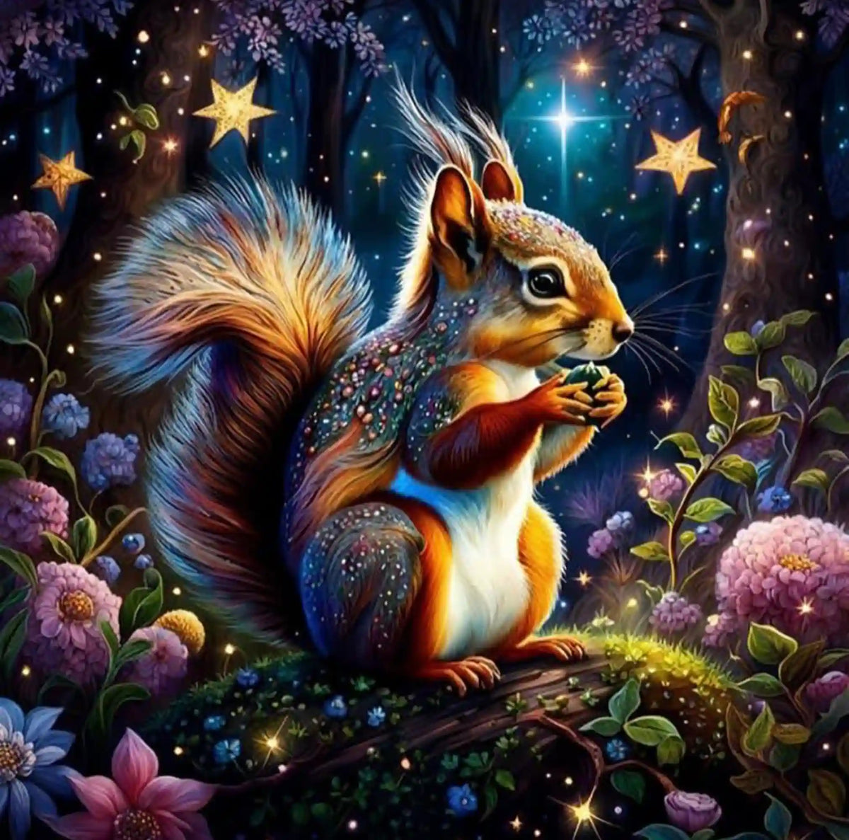 Diamond Painting Eichhörnchen im Zauberwald mit glitzernden Steinen in einer magischen Fantasy-Waldlandschaft mit Blumen