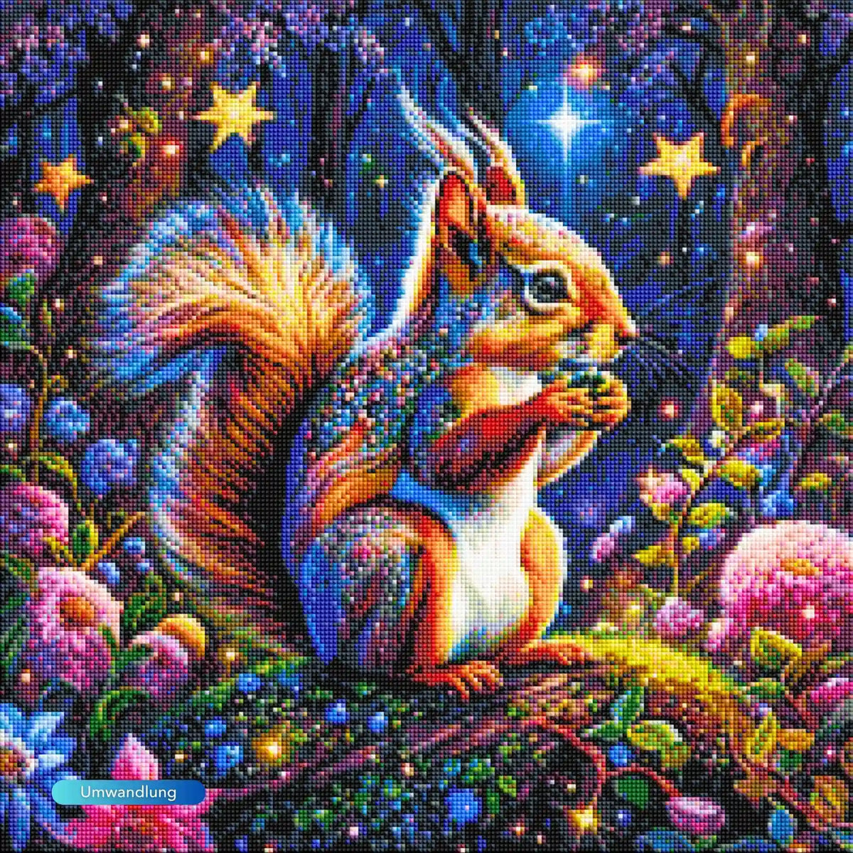 Farbenfrohes Diamond Painting Set Eichhörnchen im Zauberwald mit leuchtenden Glitzersteinen und Fantasy-Wald-Motiv