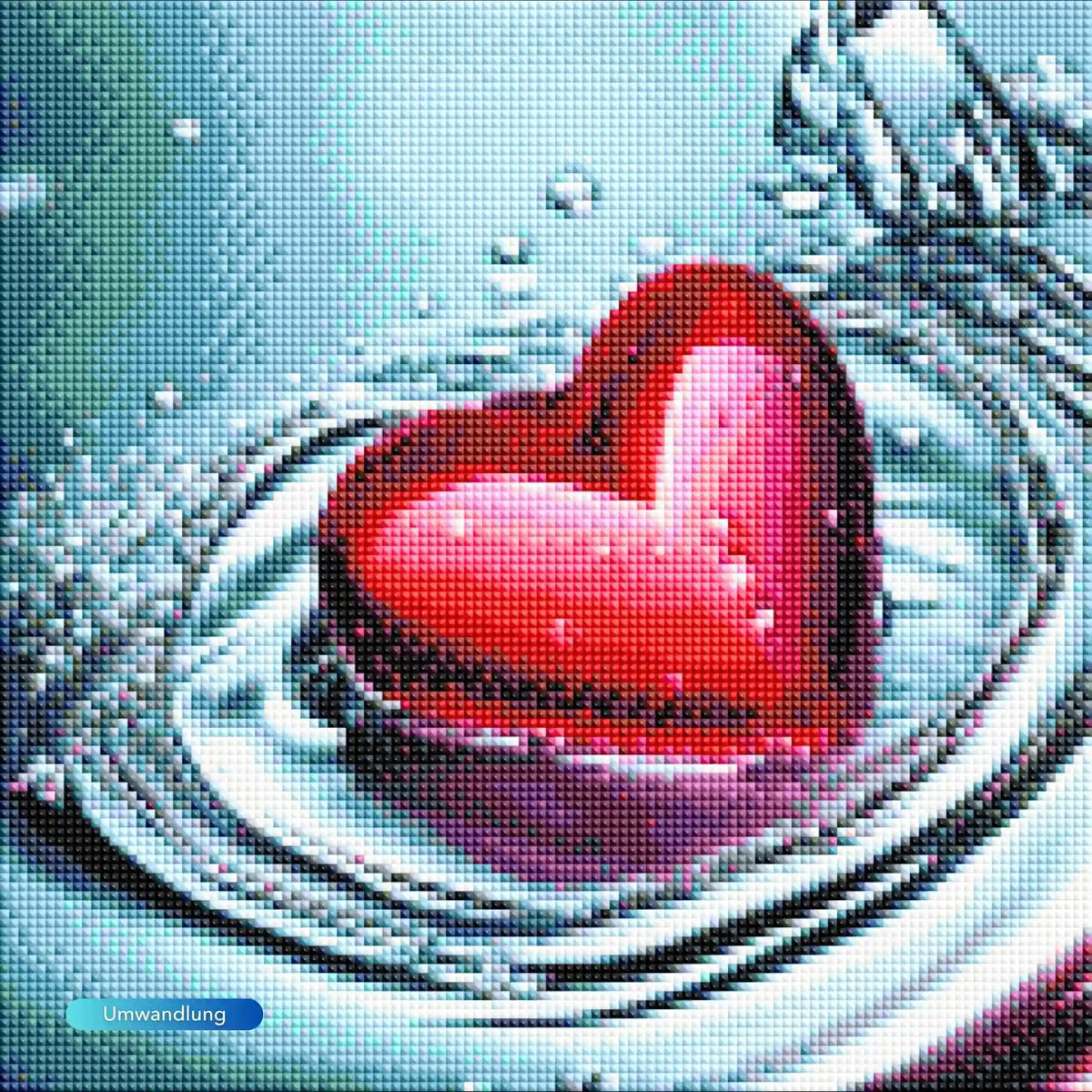 Diamond Painting Set Waterheart mit rotem Herz im Wasser, kreiert aus glitzernden Steinen auf Leinwand