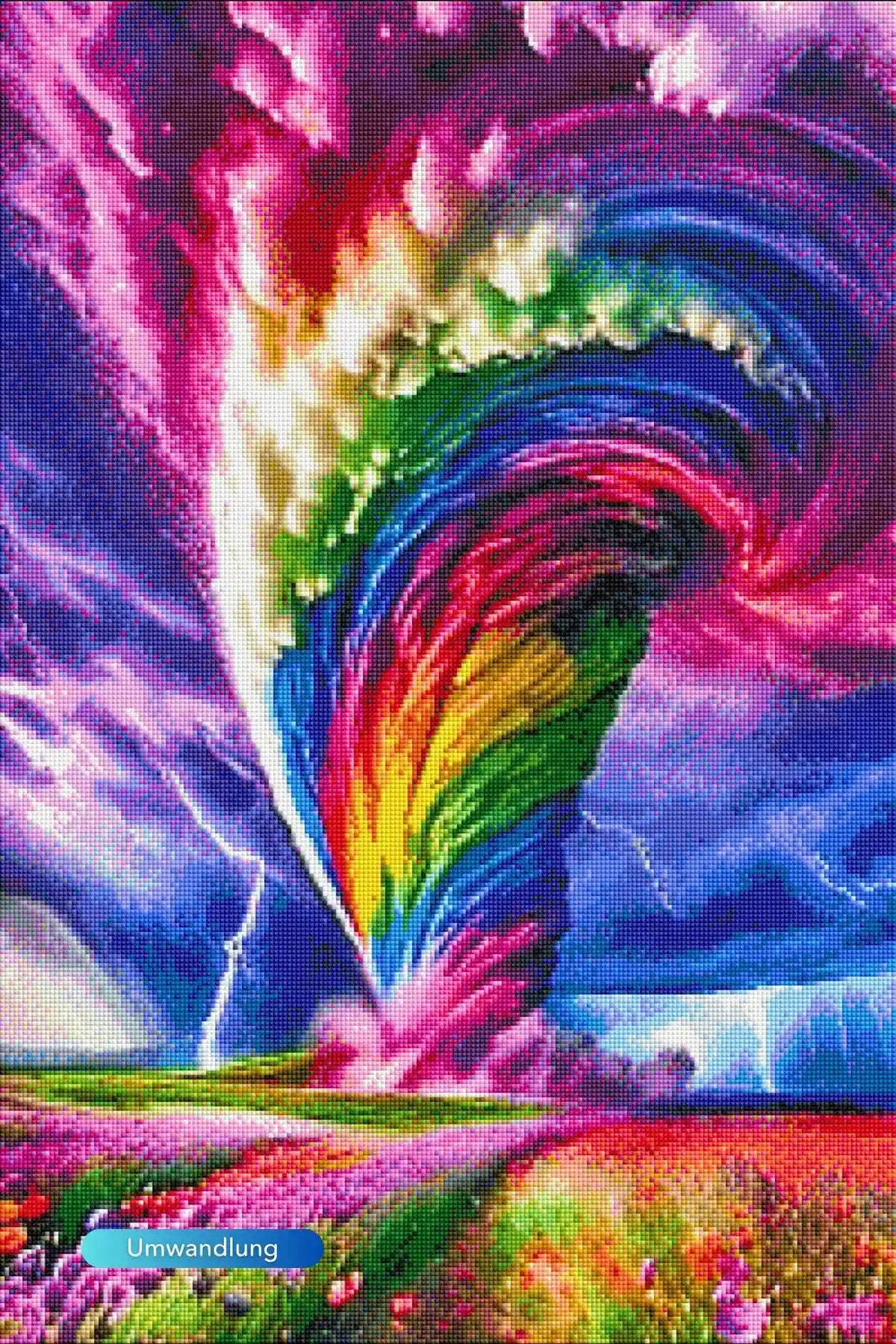 Diamond Painting Set Wirbelsturm der Farben: Bunter Tornado über einer bunten Wiese mit glitzernden Steinen