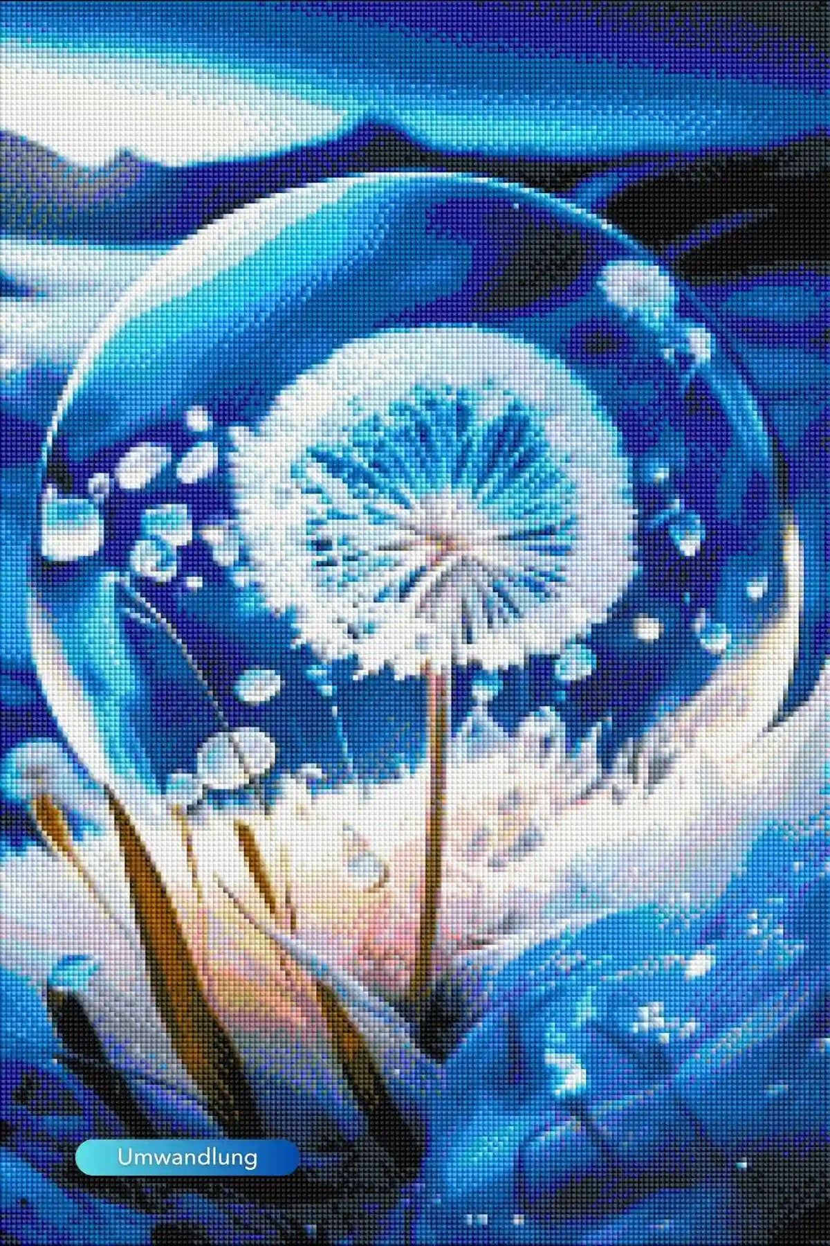 Diamond Painting Set Pusteblume mit leuchtenden Steinen in Eiskristall-Optik. Blaues Fantasy-Motiv in 40x60cm.