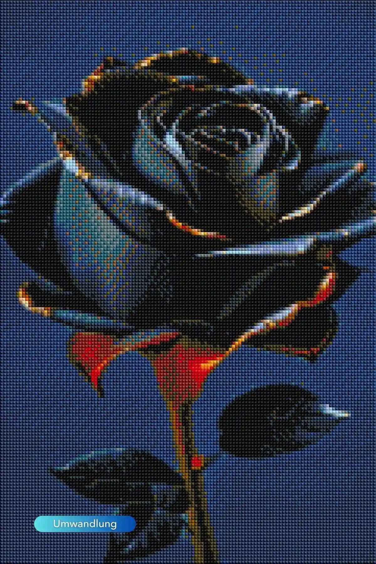 Diamond Painting Set mit Motiv einer realistischen schwarzen Rose mit goldenen Akzenten auf dunkelblauem Hintergrund.