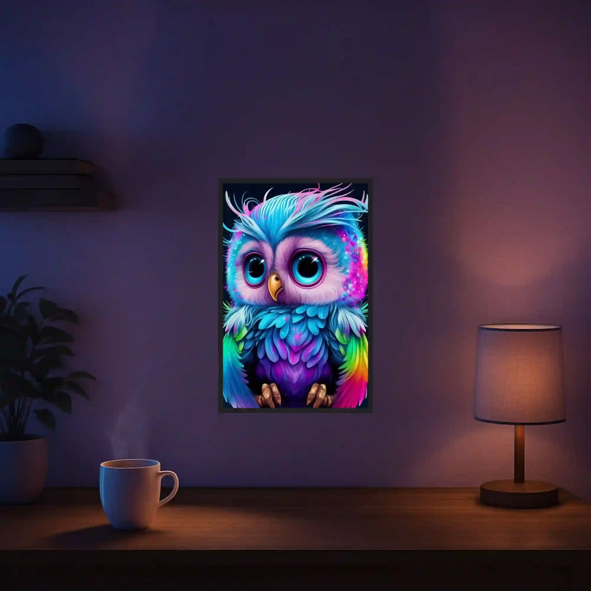 Diamond Painting Set Kleine Eule in bunten Farben als gerahmtes Wandbild für kreative Dekoration