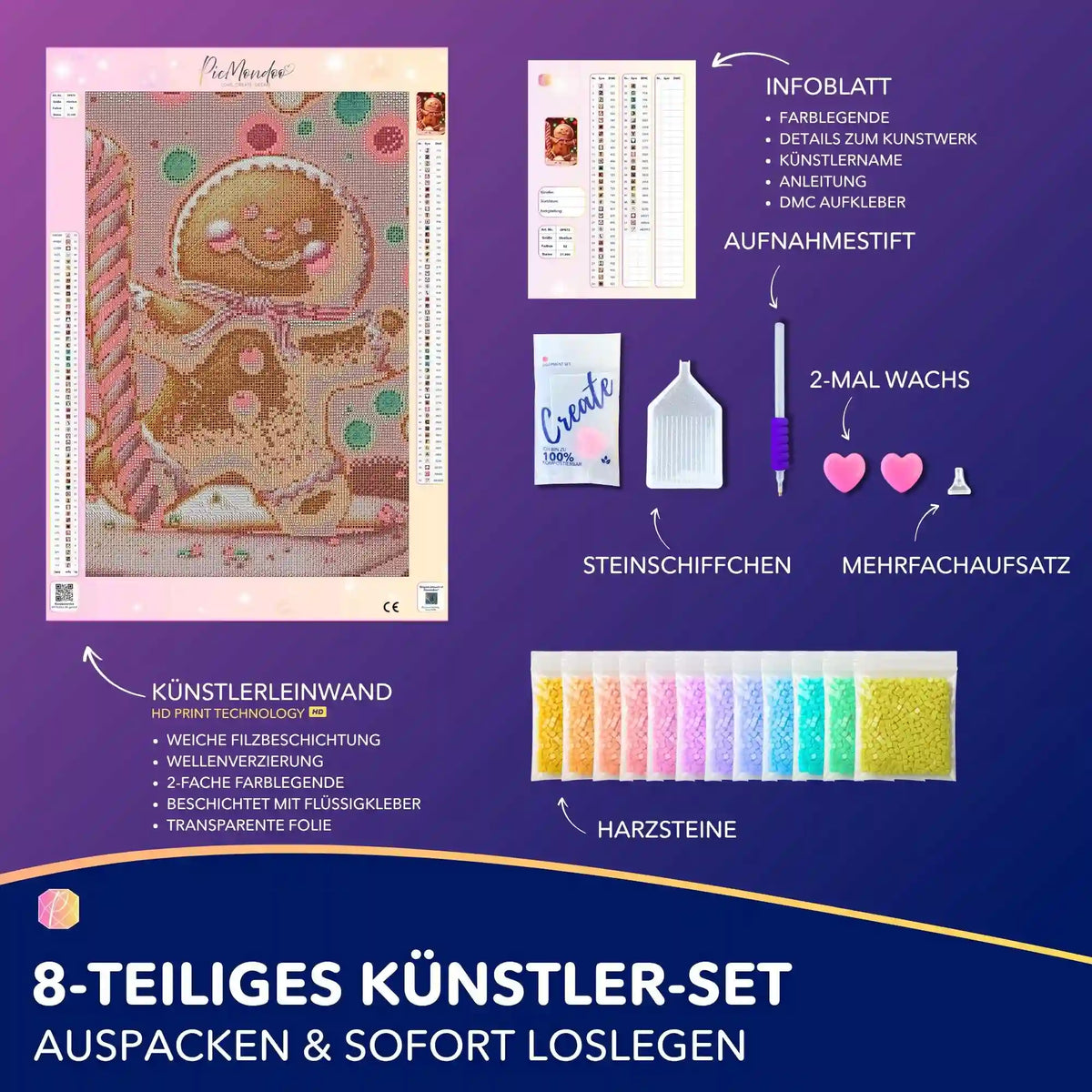 Diamond Painting Set Weihnachten mit niedlichem Lebkuchenmännchen, buntem Zubehör, Werkzeug und Leinwand