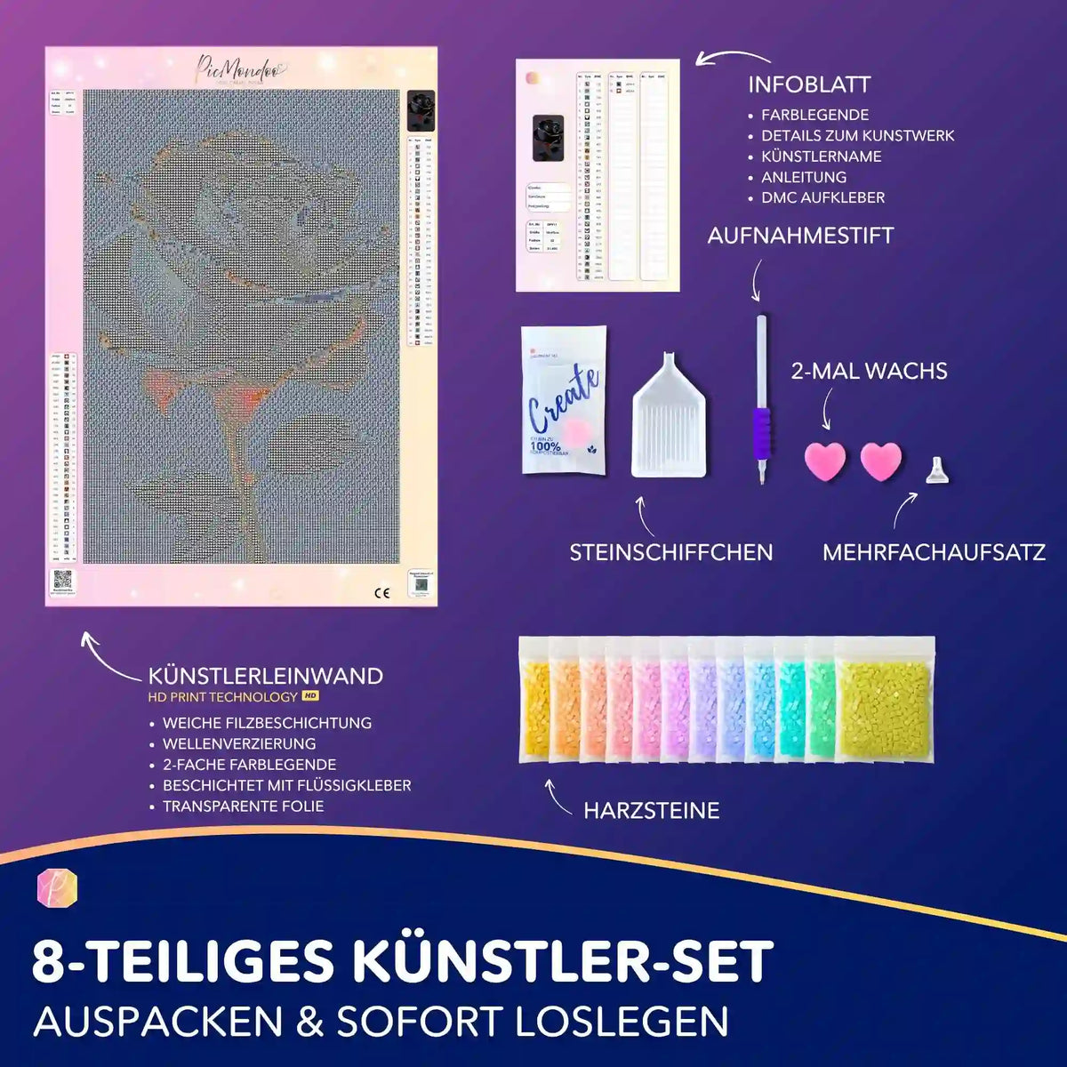 Diamond Painting Set Black Rose mit Leinwand, bunten Harzsteinen und Zubehör wie Stift und Schälchen für dein DIY-Projekt