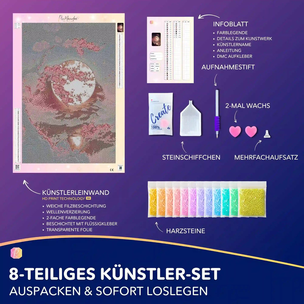 Diamond Painting Set Kirschblüten im Mondschein mit Leinwand, Leuchtsteinen und Zubehör für kreatives Hobby