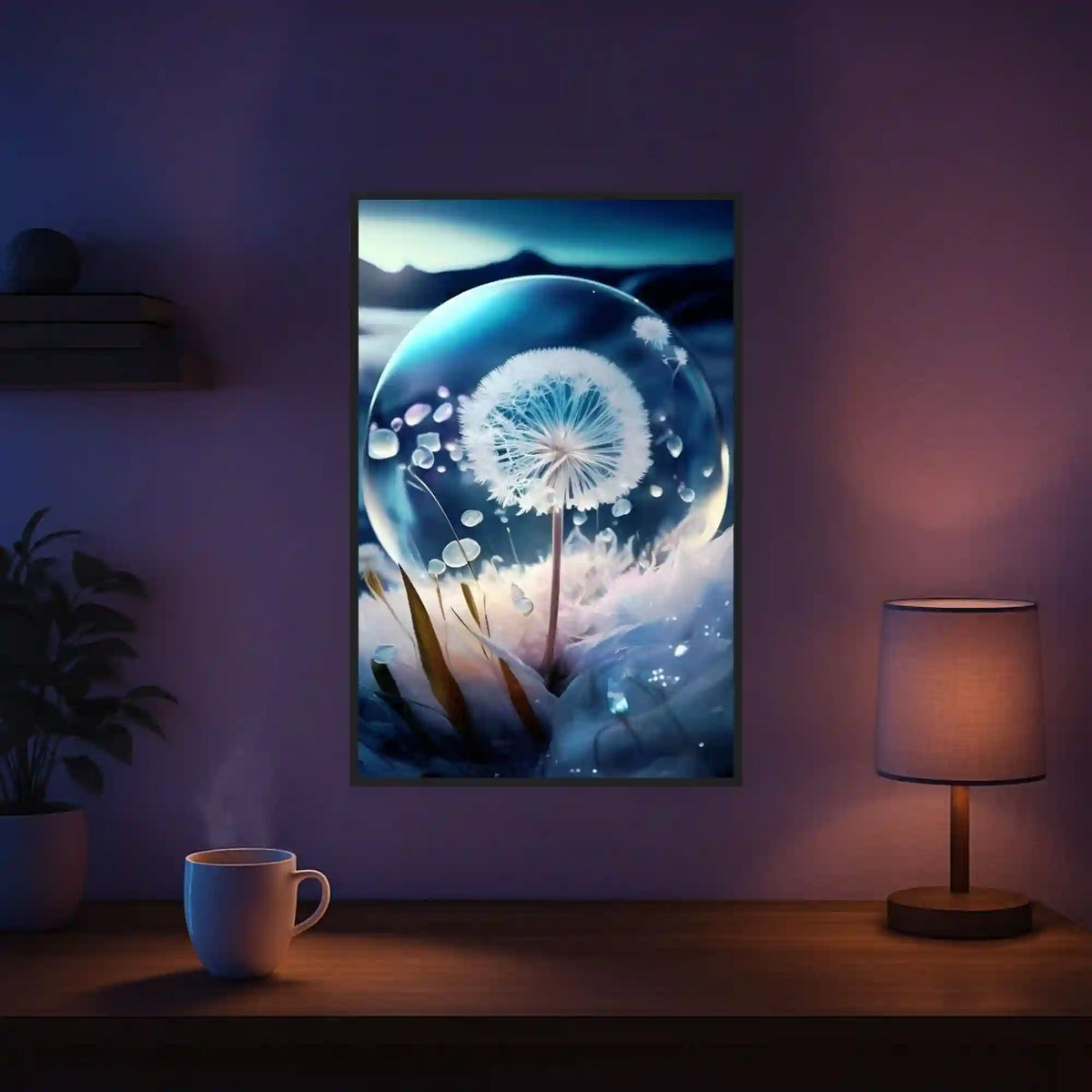 Diamond Painting Pusteblume Eiskristall mit Leuchtsteinen als atmosphärisches Wandbild in einer verschneiten Winterlandschaft