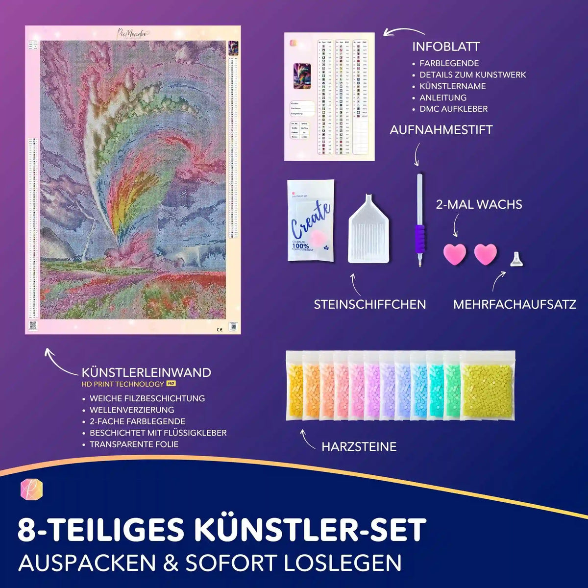 Diamond Painting Set Wirbelsturm mit bunter Leinwand, Harzsteinen, Stift und Werkzeug für perfekte DIY-Kunstwerke.