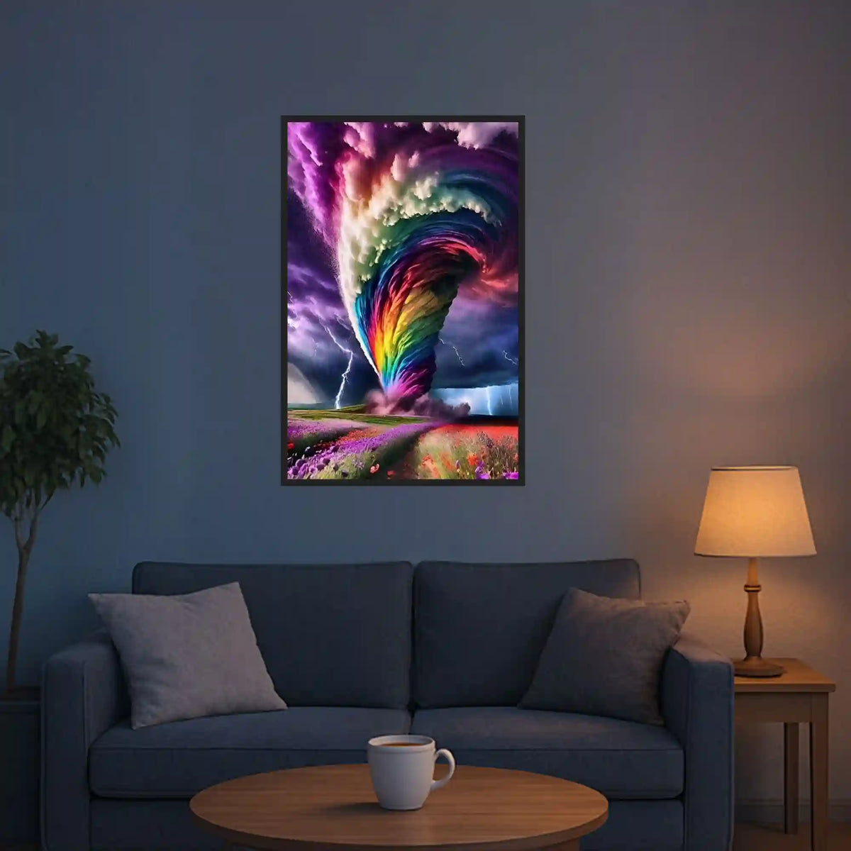 Diamond Painting Wirbelsturm der Farben mit buntem Tornado über einer Blumenwiese im Wohnzimmer präsentiert