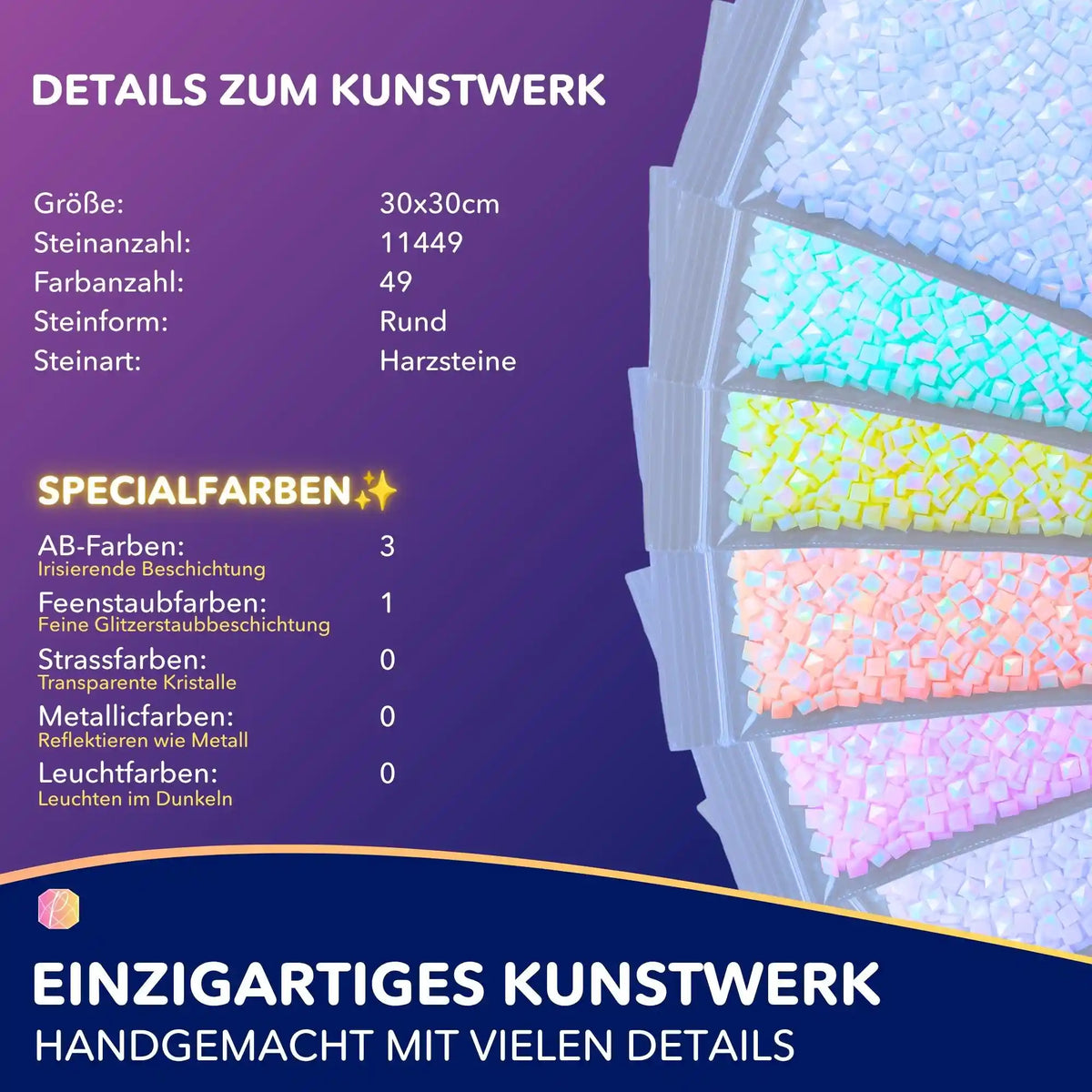 Diamond Painting Set Übersicht mit runden Harzsteinen in Pastellfarben, AB-Steinen und Feenstaub-Effekt