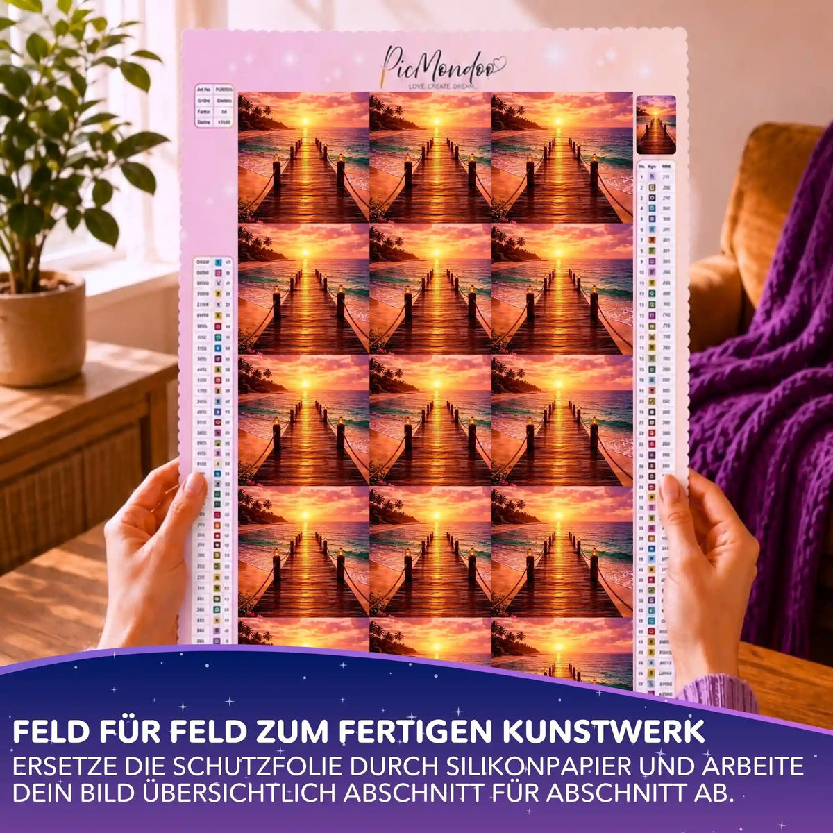 Silikonpapier-Set für Diamond Painting: Picmondoo Leinwand mit Sonnenuntergang-Motiv in Abschnitten