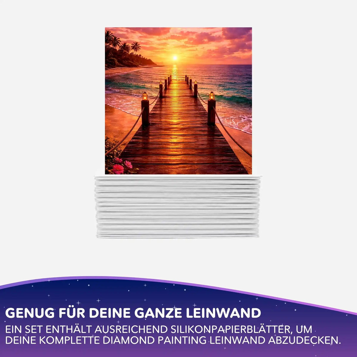 Silikonpapier-Set für Diamond Painting mit Motiv Sonnenuntergang am Holzsteg zum Meer