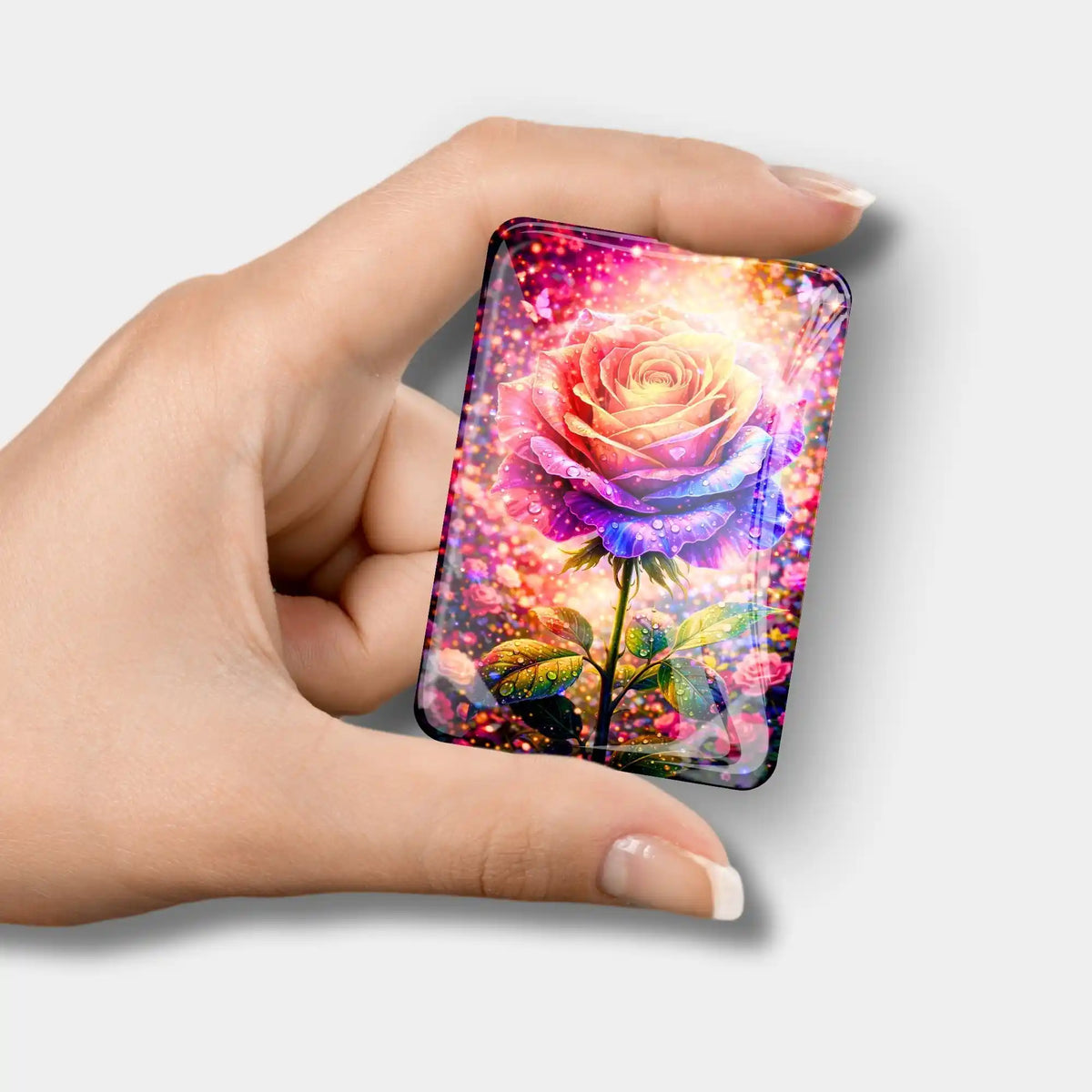 Diamond Painting Cover Minder aus Glas mit bunter, funkelnder Rose, in der Hand gehalten.