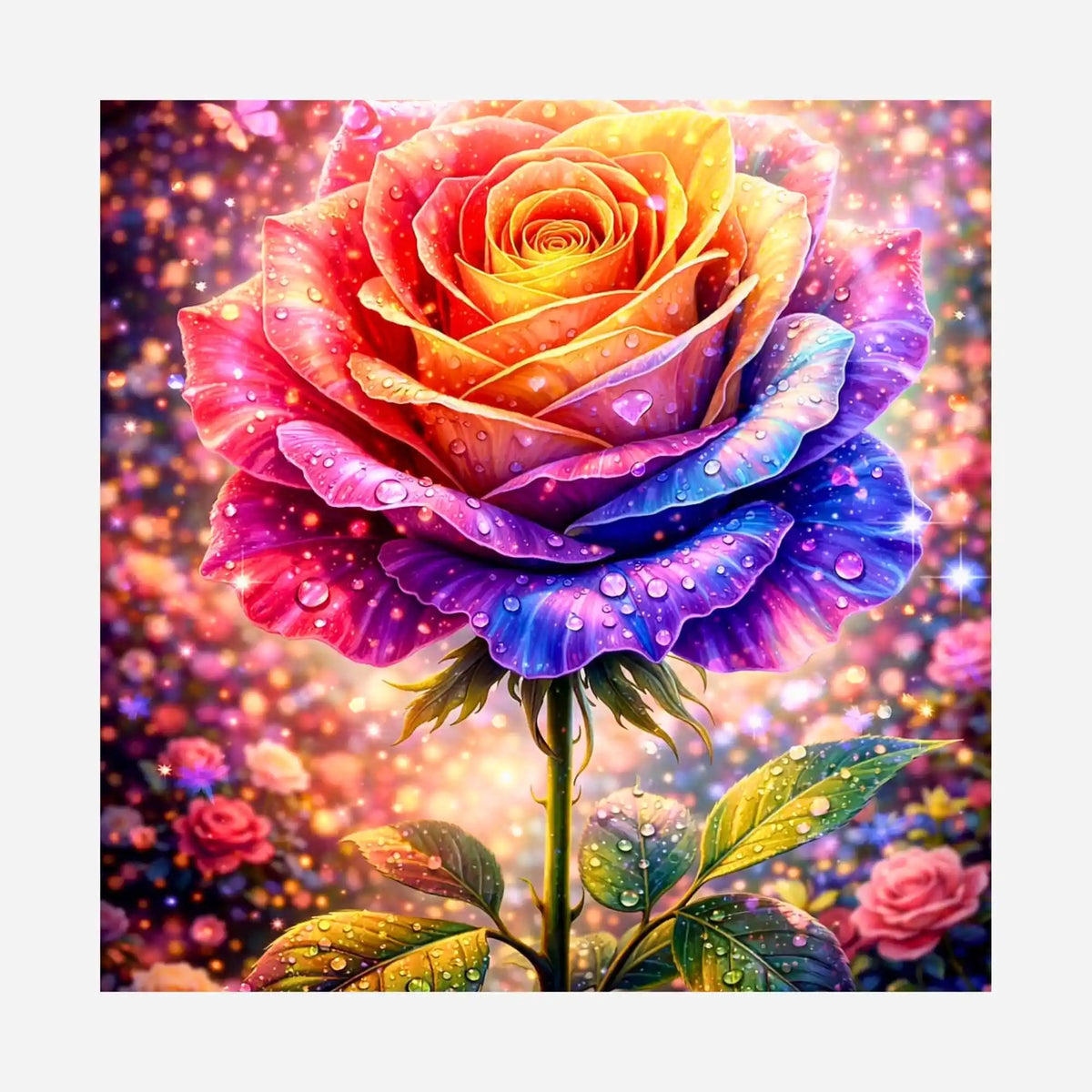Bunte Regenbogen-Rose mit funkelnden Wassertropfen als Diamond Painting Motiv für Silikonpapier.