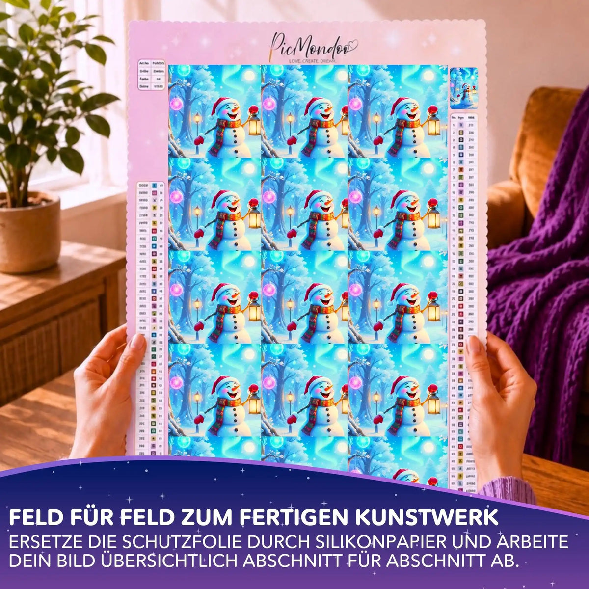 Diamond Painting Silikonpapier-Set auf Leinwand mit Schneemann-Motiv, aufgeteilt in Abschnitte
