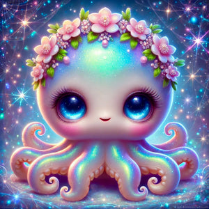 Diamond Painting Set Tinty: Süßer Oktopus mit Blumenkranz in glitzernder Fantasy-Optik mit funkelnden Steinen
