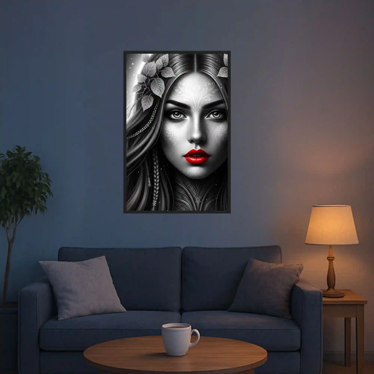 Diamond Painting Set Red Lips mit Frauengesicht, Blättern im Haar und leuchtend roten Lippen als stilvolles Wandbild