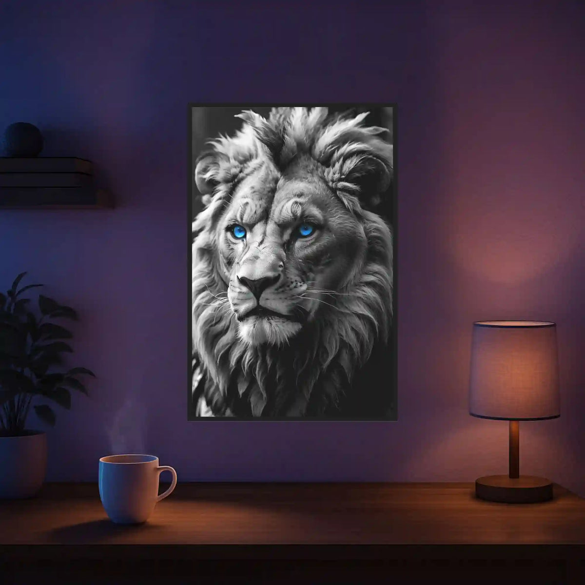Diamond Painting Set Löwe in Schwarz-Weiß mit intensiven blauen Augen für ein ausdrucksstarkes Tier-Porträt in 40x60cm