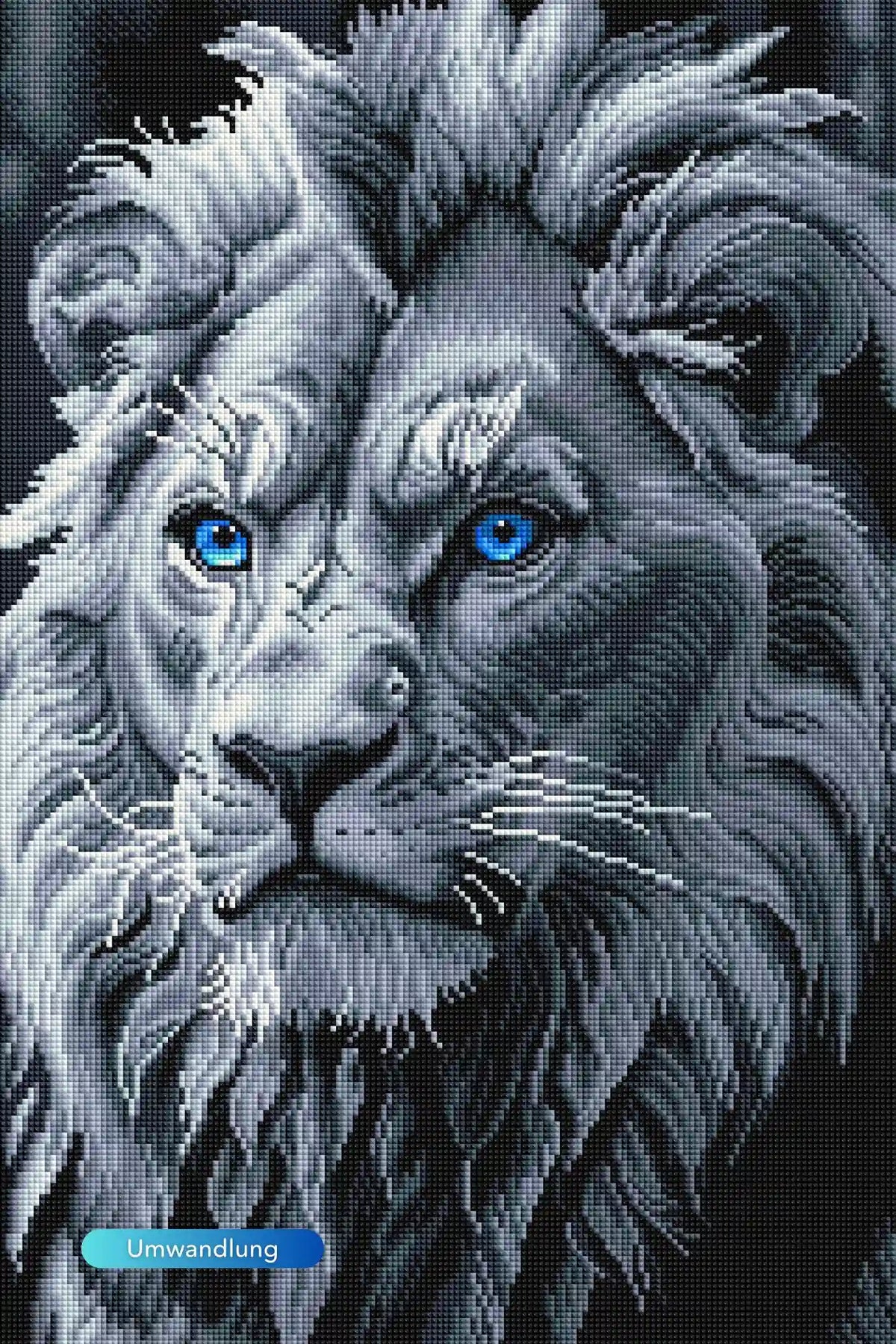 Diamond Painting Löwe mit strahlend blauen Augen im schwarz-weißen Tierporträt für realistische DIY-Kunstwerke.