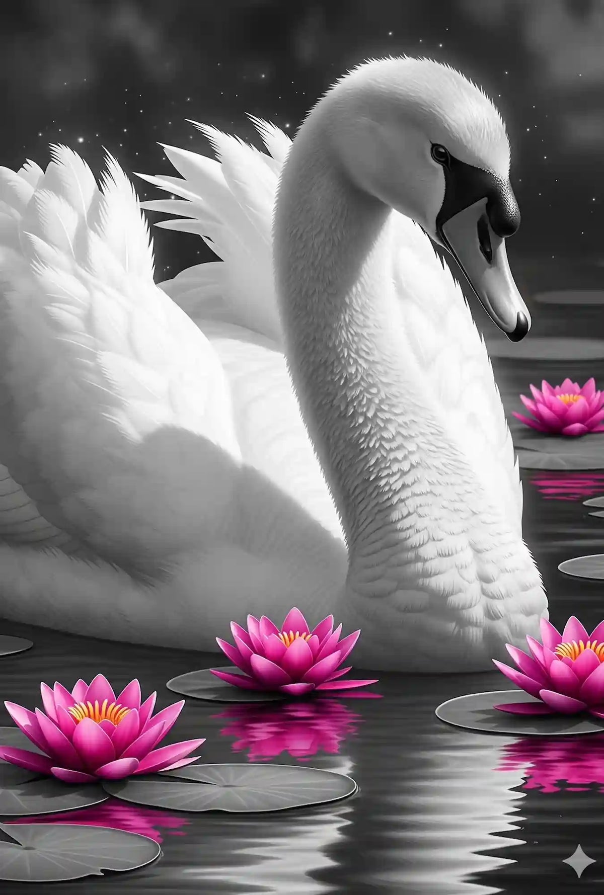 Diamond Painting Set Schwan mit rosa Seerosen auf dunklem Wasser als entspannendes Tier-Motiv im 40x60cm Format.