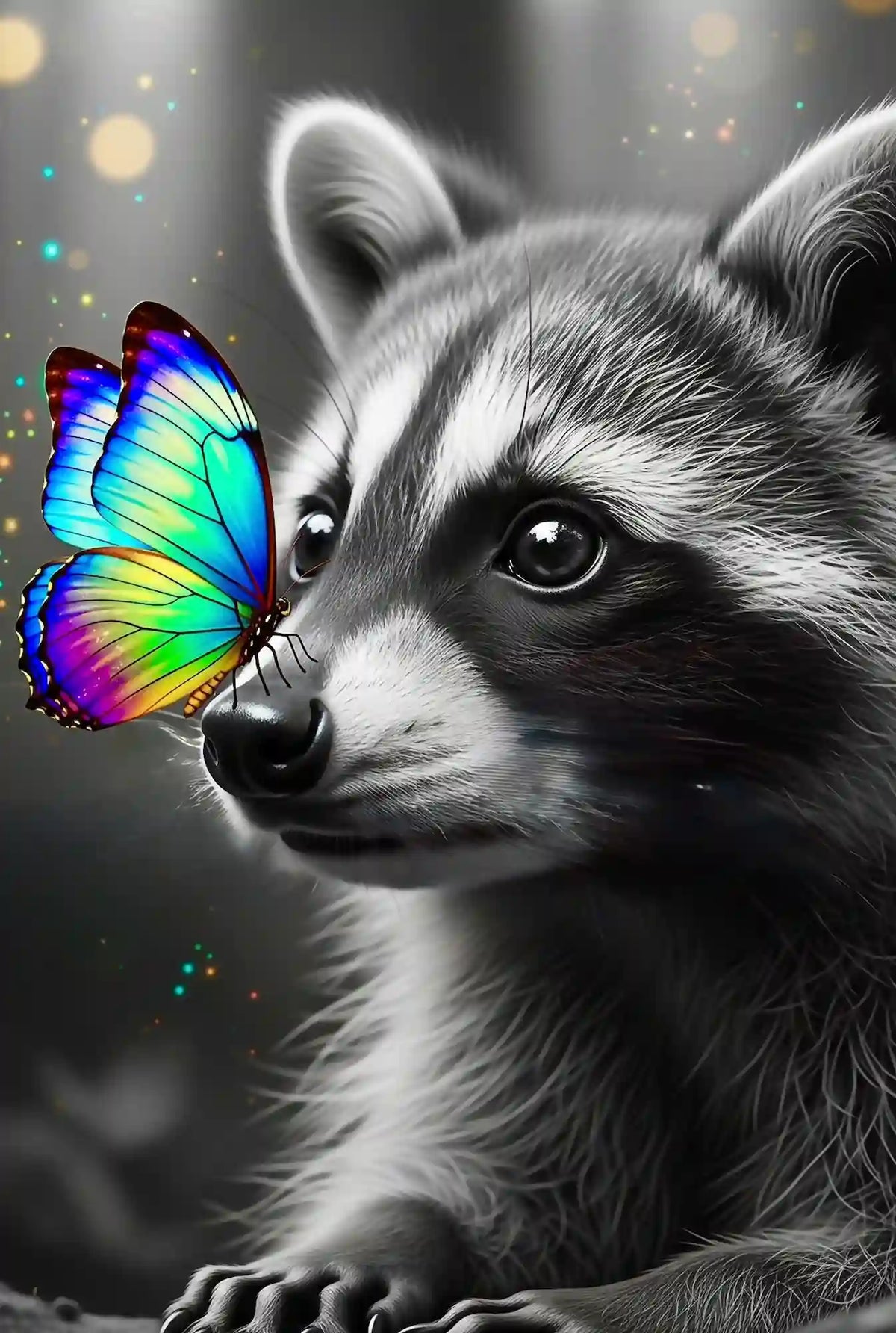 Diamond Painting Set eines niedlichen Waschbären in Schwarz-Weiß mit einem bunten, leuchtenden Schmetterling auf der Nase.