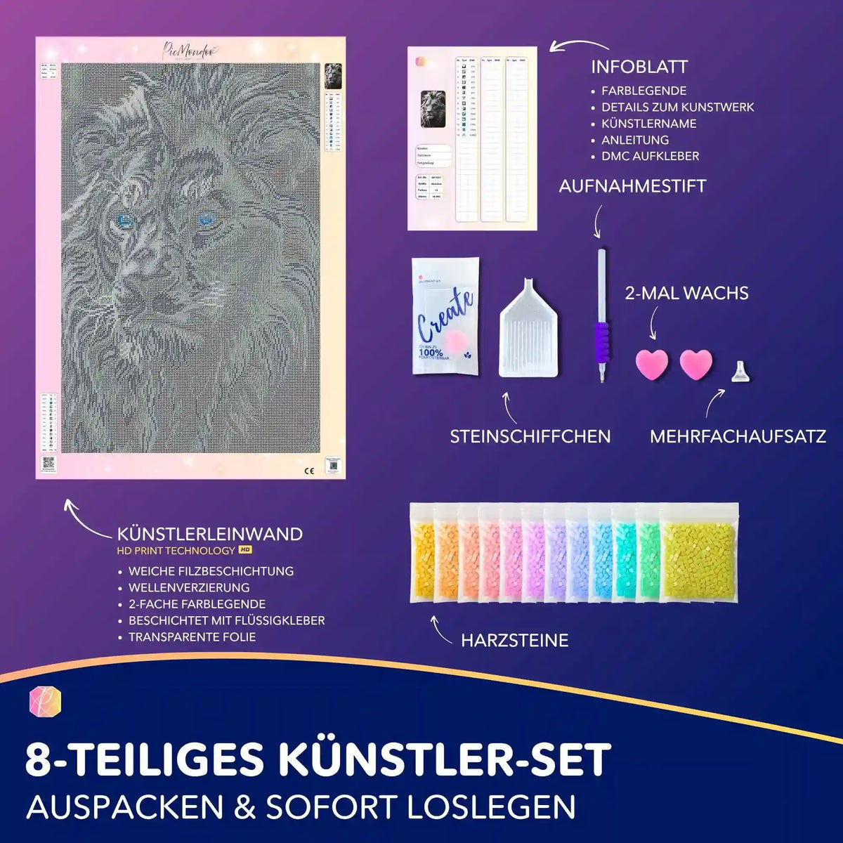 Diamond Painting Set Löwe mit blauem Augen-Akzent, Leinwand, Harzsteinen und komplettem Zubehör für DIY Kunstwerk