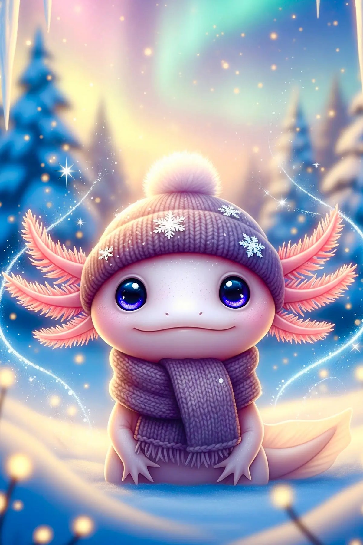 Niedlicher Axolotl im Winter mit Mütze und Schal als funkelndes Diamond Painting Set vor verschneitem Winterwald.