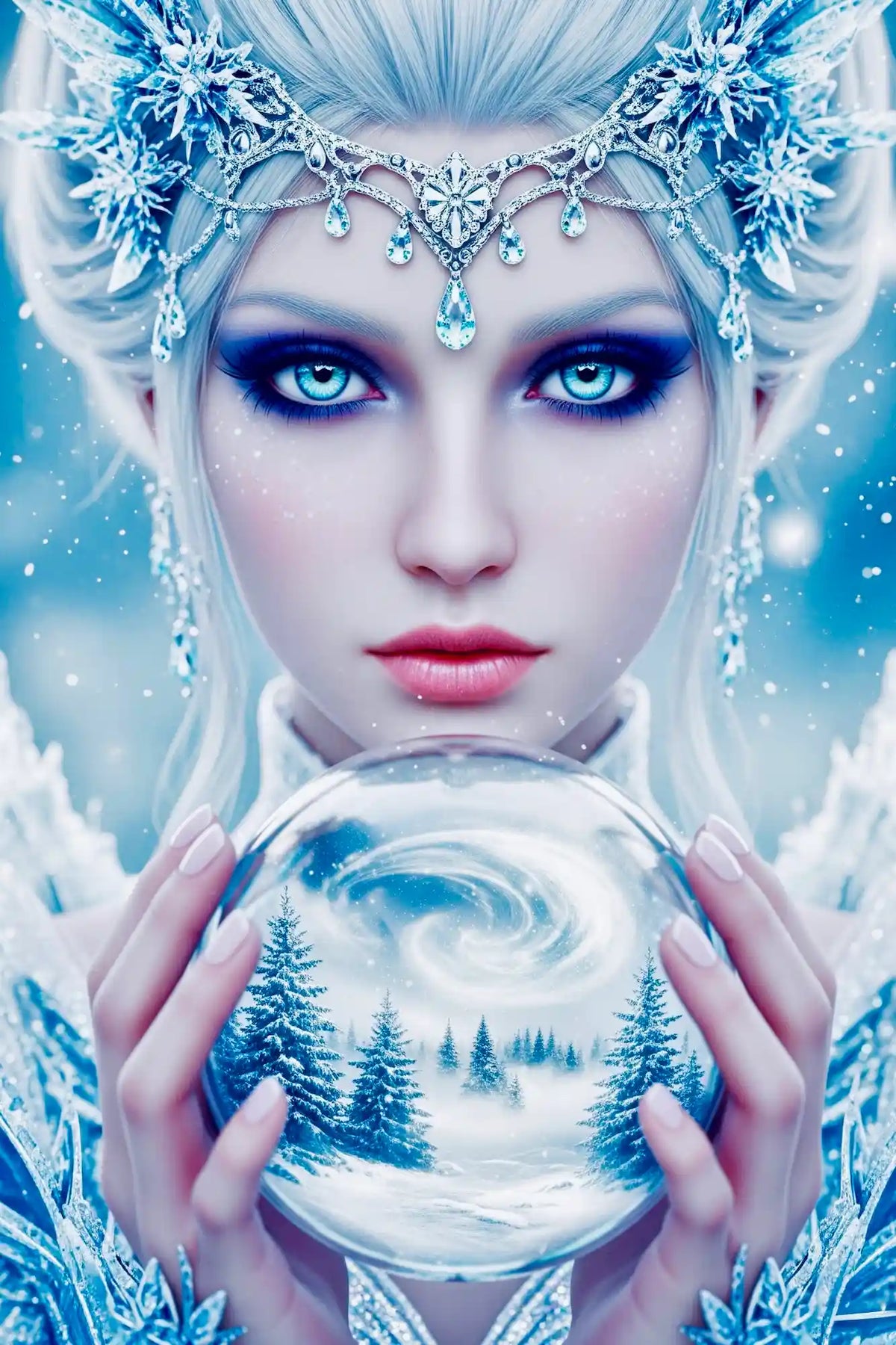 Diamond Painting Eiskönigin mit magischer Schneekugel, blondem Haar und blauen Augen für funkelnde Winterlandschaften.