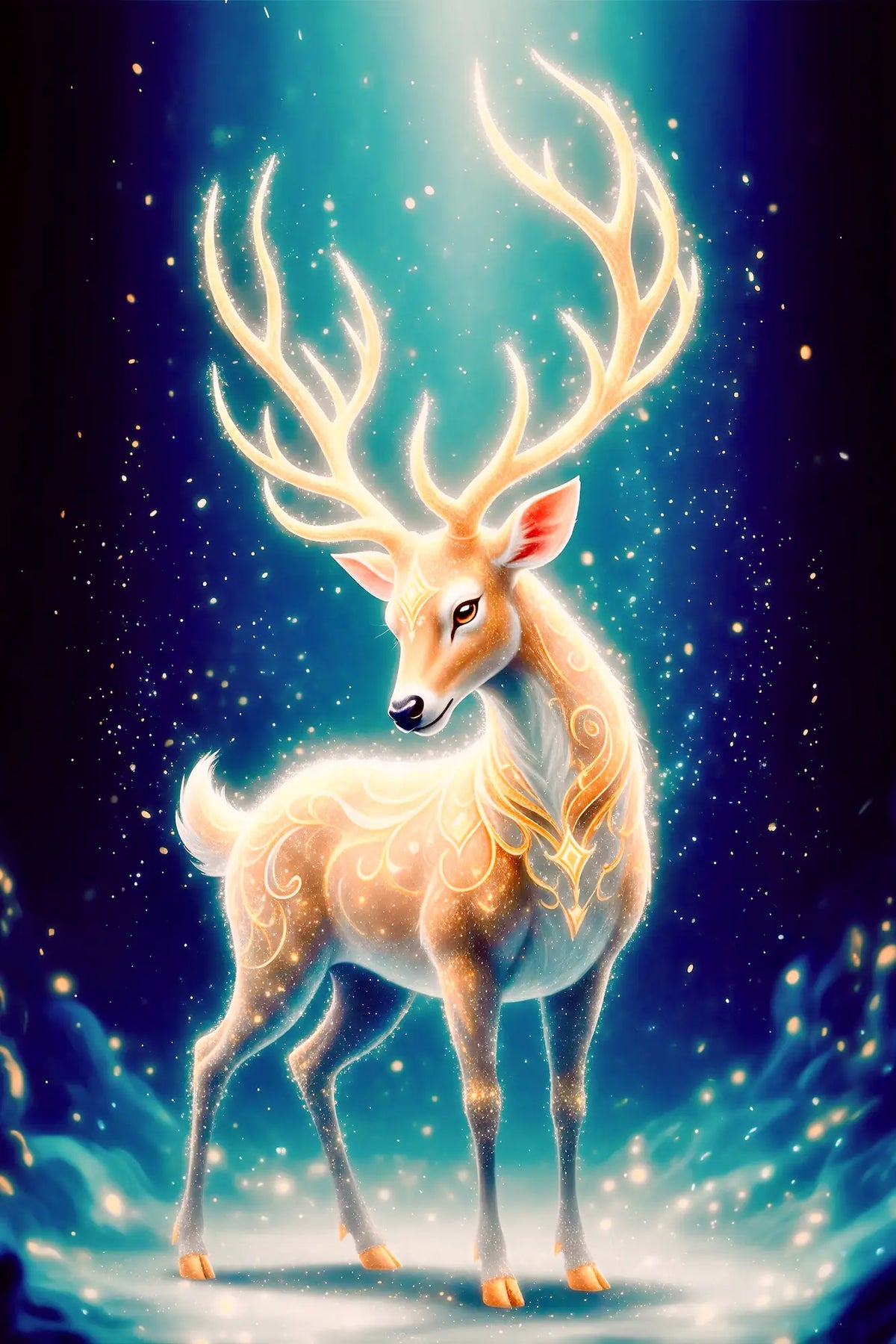 Diamond Painting Set Herr der Wälder: Majestätischer Hirsch mit goldenem Geweih in einer magischen Fantasy-Wald-Szene.
