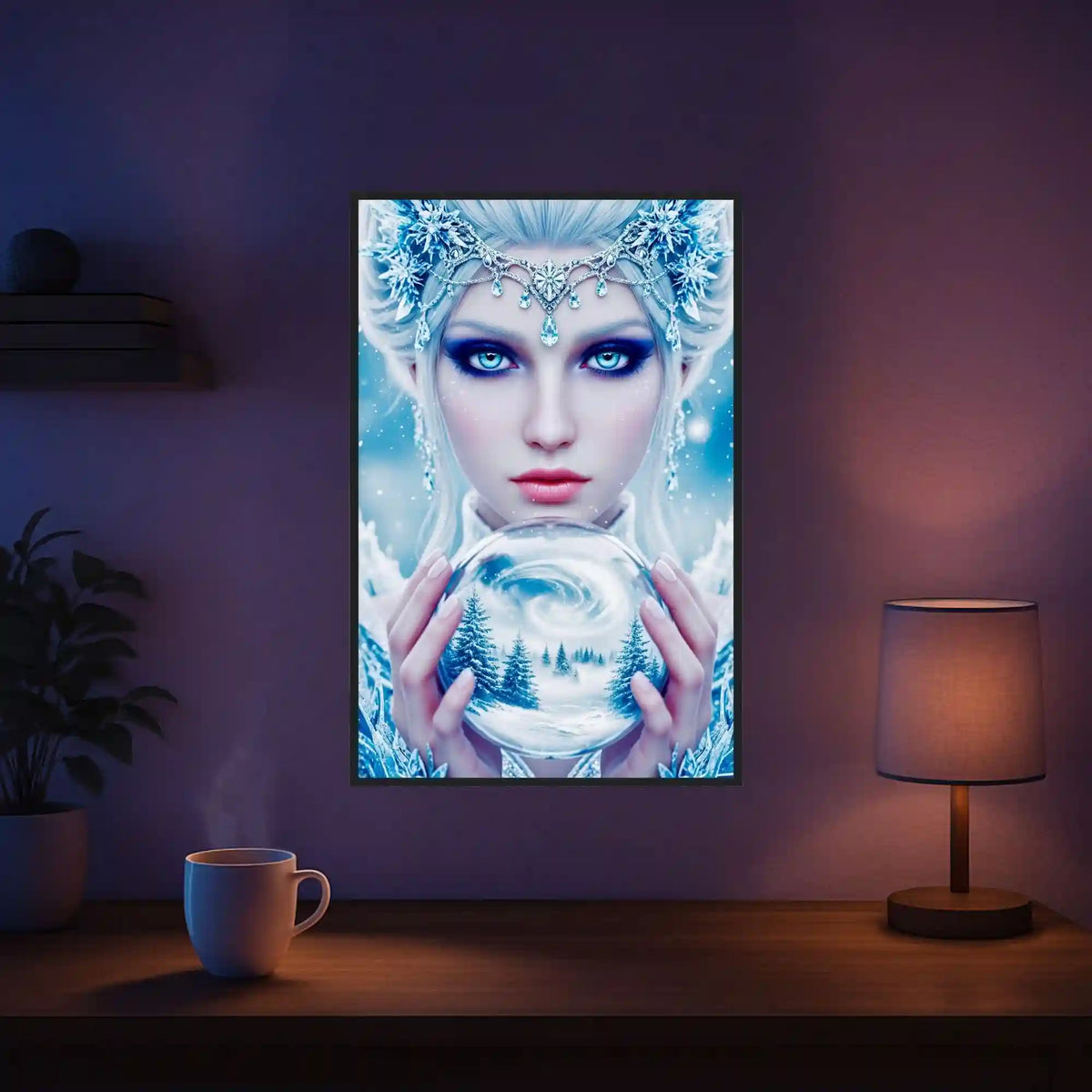 Diamond Painting Set Eiskönigin mit magischer Schneekugel, funkelnden Kristallen und Winterlandschaft in 40x60cm.