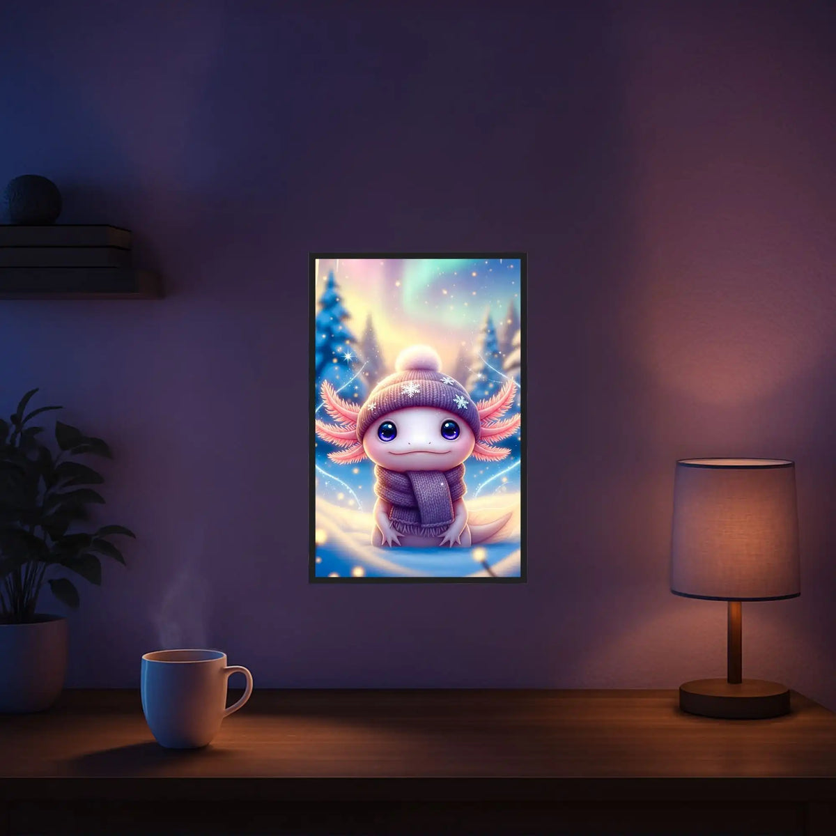Diamond Painting Set eines niedlichen Axolotl mit Mütze und Schal in einer funkelnden Winterlandschaft mit Tannenbäumen.