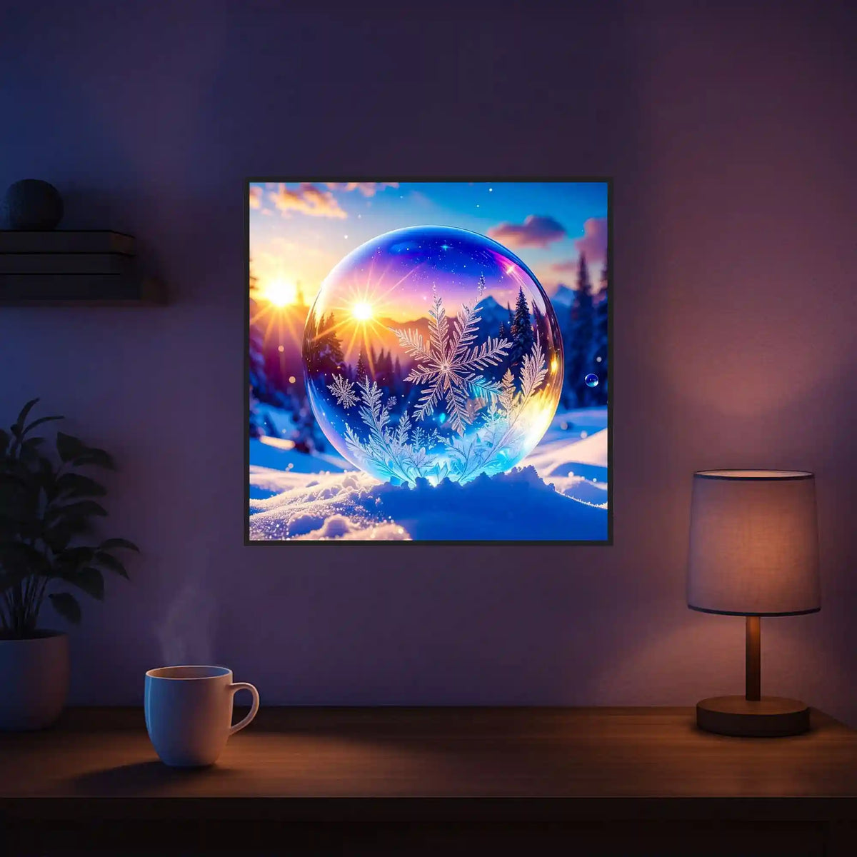 Diamond Painting Kristallwelt: strahlende Schneekristalle in einer Glaskugel vor einer magischen Winterlandschaft