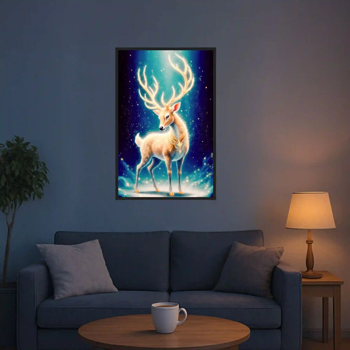 Diamond Painting Set Herr der Wälder: Majestätischer goldener Hirsch in magischer Wald-Szenerie als funkelndes Wandbild.