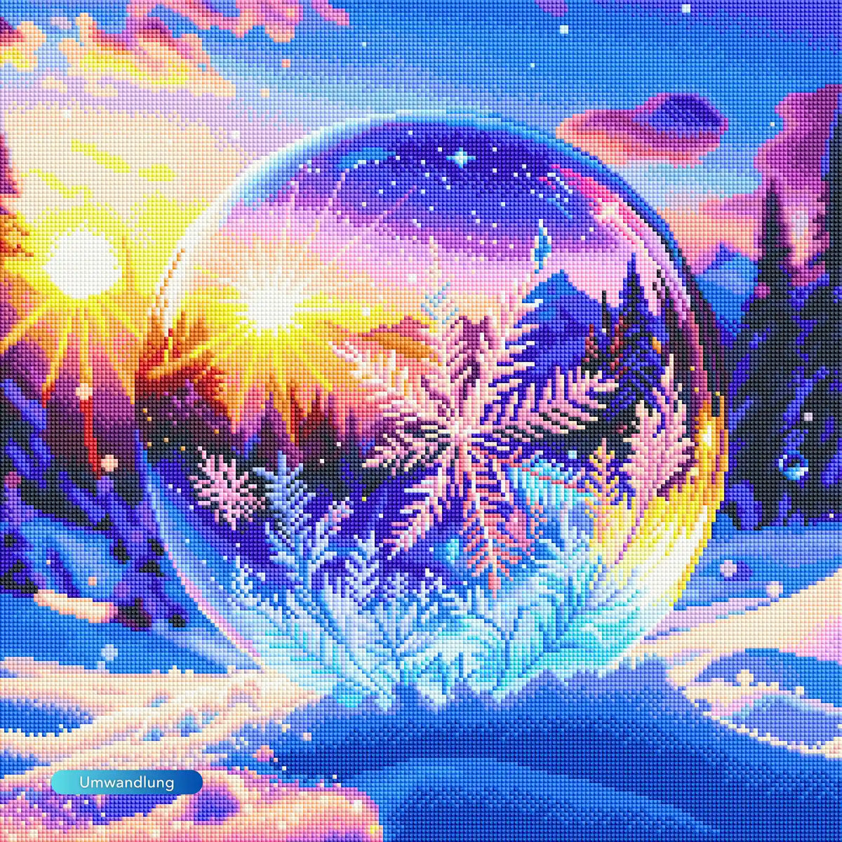 Funkelndes Diamond Painting Kristallwelt mit einer magischen Schneekristall-Kugel in einer bunten Winterlandschaft.