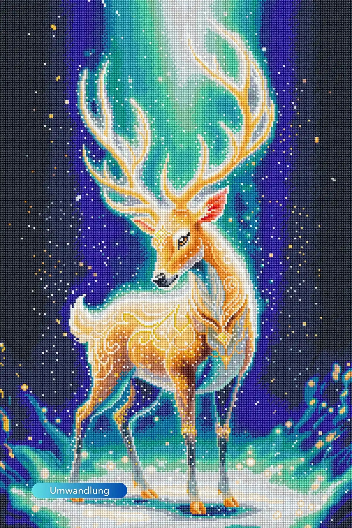Funkelndes Diamond Painting Set mit magischem Hirsch im Wald, umgeben von leuchtendem Licht und magischen Details
