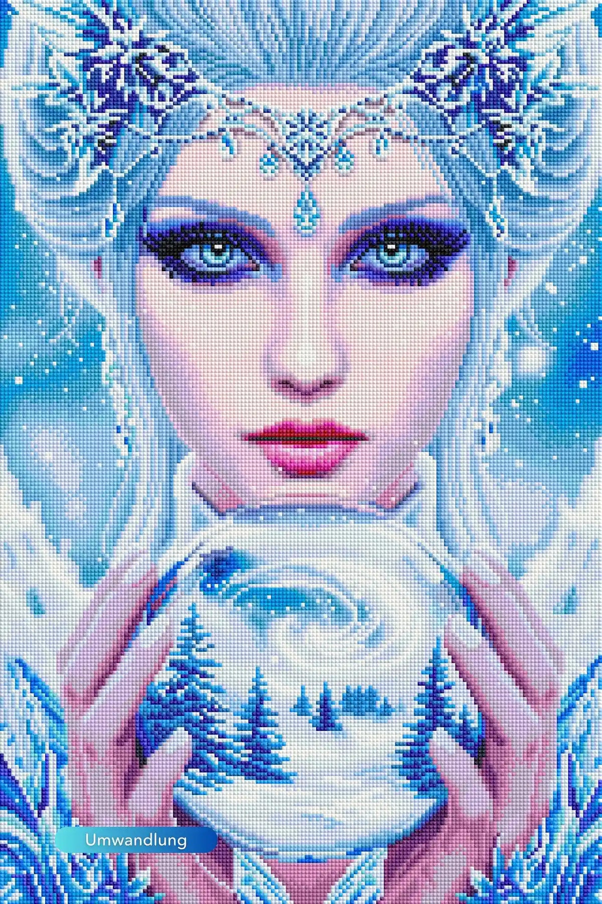 Diamond Painting Set Eiskönigin mit magischer Schneekugel, Winterlandschaft und funkelnden Kristalldetails.