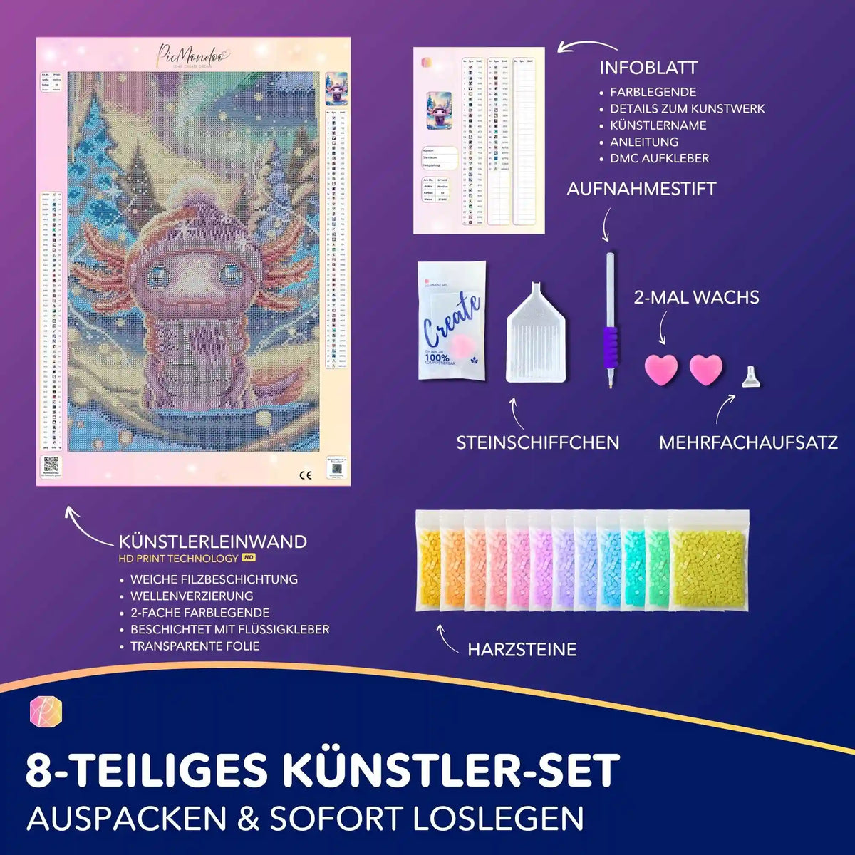 Diamond Painting Set Axolotl im Winter mit Leinwand, bunten Harzsteinen und Zubehör für kreatives DIY-Basteln
