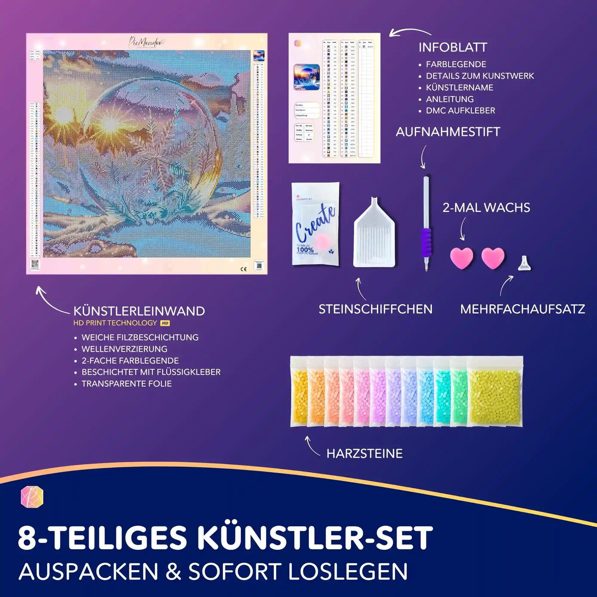 Diamond Painting Set Kristallwelt mit Leinwand, bunten Harzsteinen und Werkzeug für ein magisches Winterlandschaft-Motiv