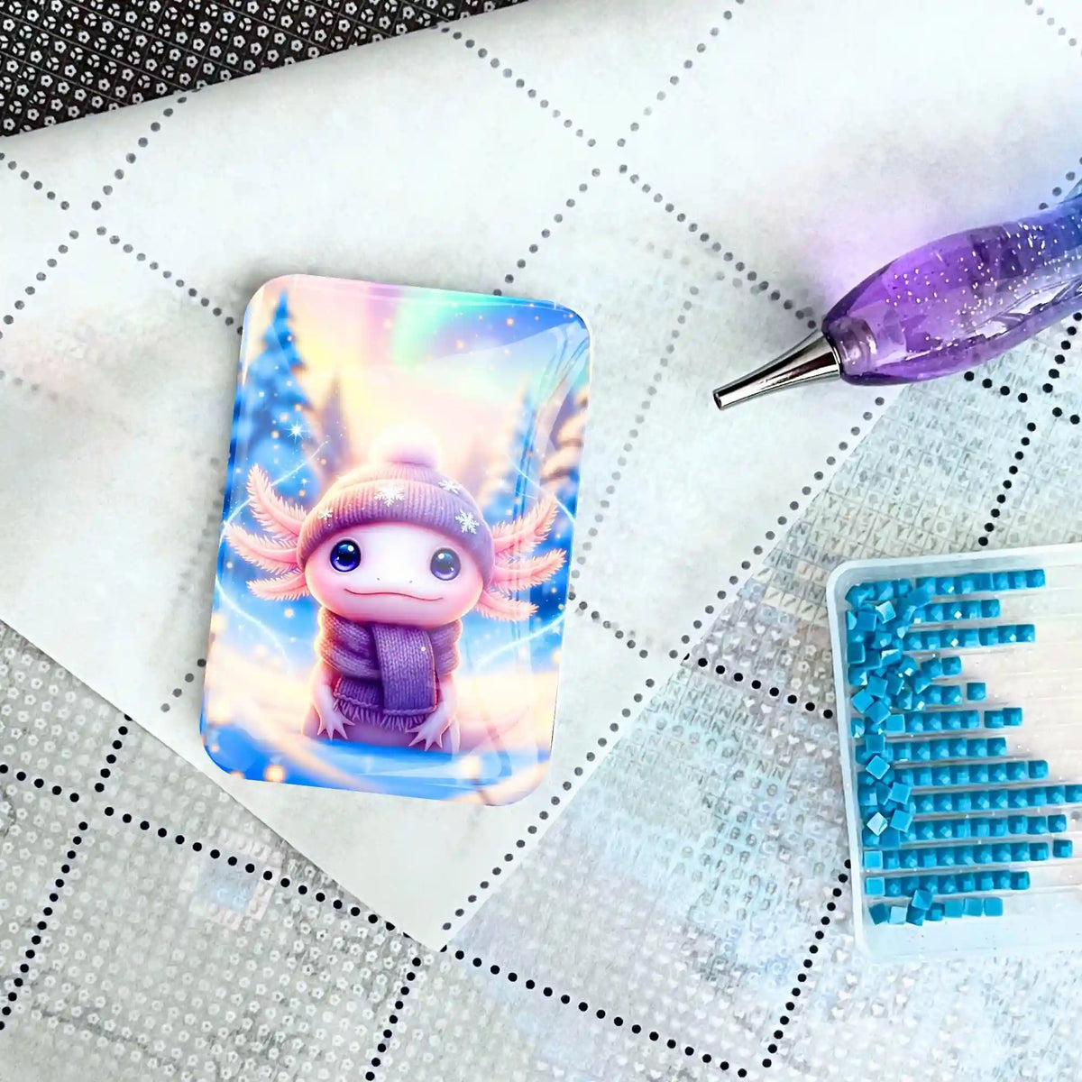Magnetischer Axolotl Cover Minder aus Glas als Zubehör für Diamond Painting auf einer Leinwand mit Glitzersteinen