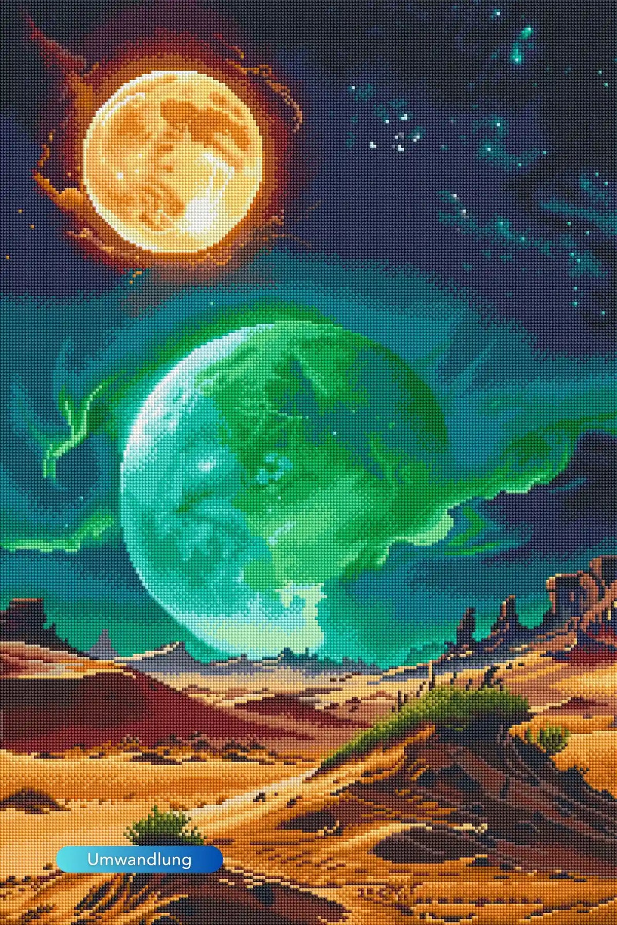 Diamond Painting Finsternis mit leuchtendem Nachthimmel, grünem Nordlicht, Vollmond und Berglandschaft als DIY-Set