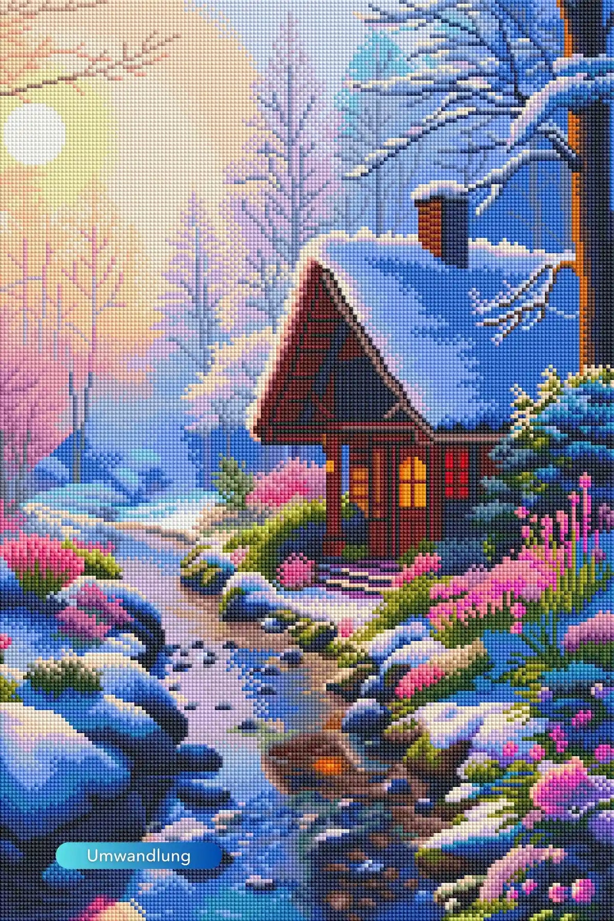 Diamond Painting Wintermorgen mit verschneitem Holzhaus, Bachlauf und blühenden Blumen in einer märchenhaften Landschaft.