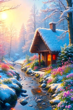 Diamond Painting Wintermorgen mit verschneitem Holzhaus, Bachlauf und blühenden Blumen in einer märchenhaften Landschaft.