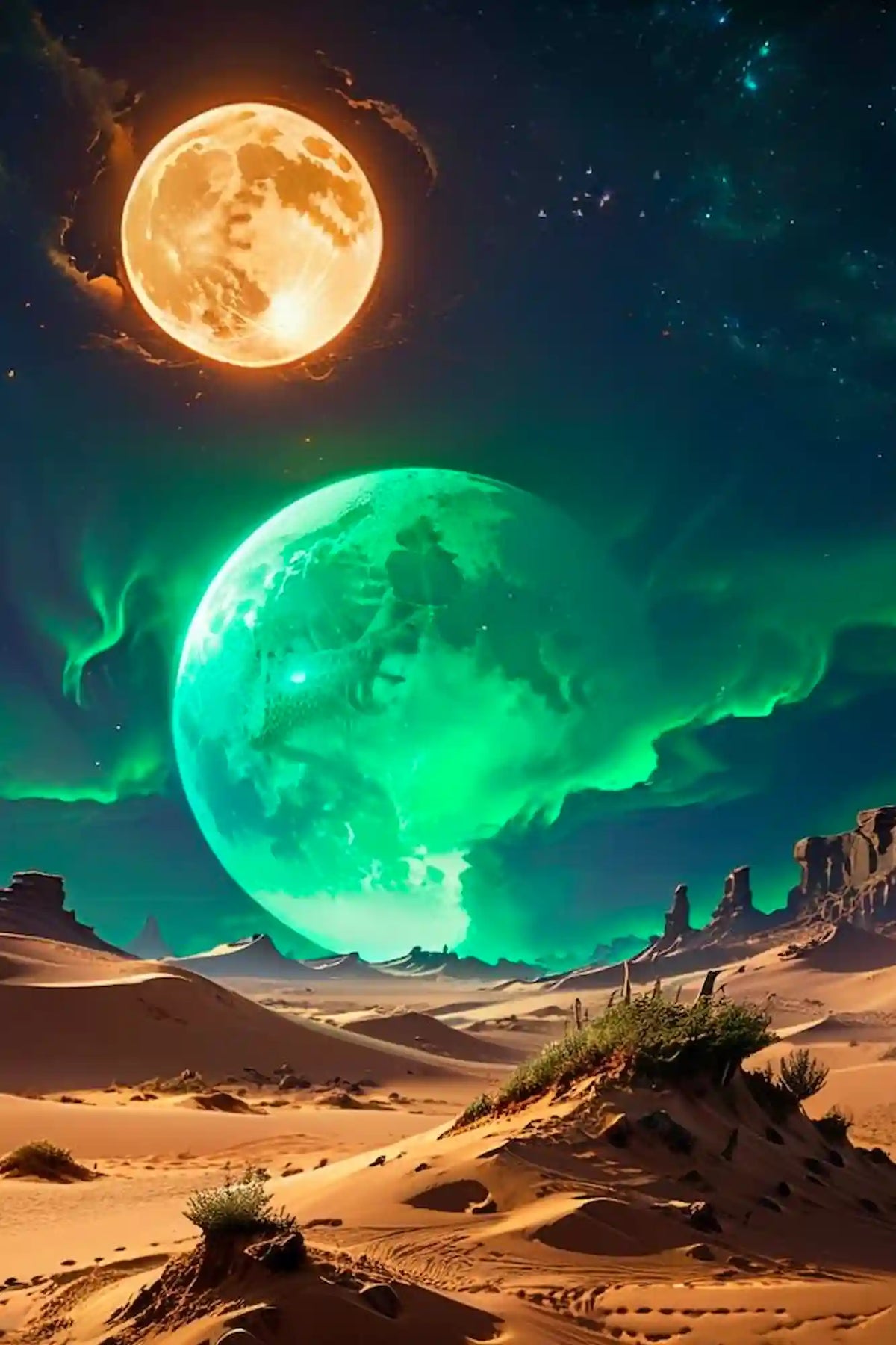 Diamond Painting Set Finsternis mit nächtlicher Wüstenlandschaft, grünem Nordlicht, Vollmond und leuchtendem Sternenhimmel.