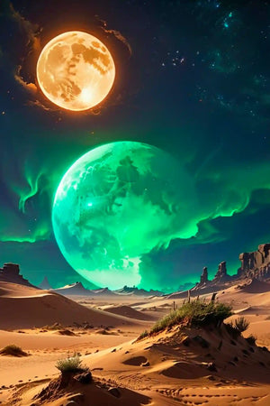 Diamond Painting Set Finsternis mit nächtlicher Wüstenlandschaft, grünem Nordlicht, Vollmond und leuchtendem Sternenhimmel.
