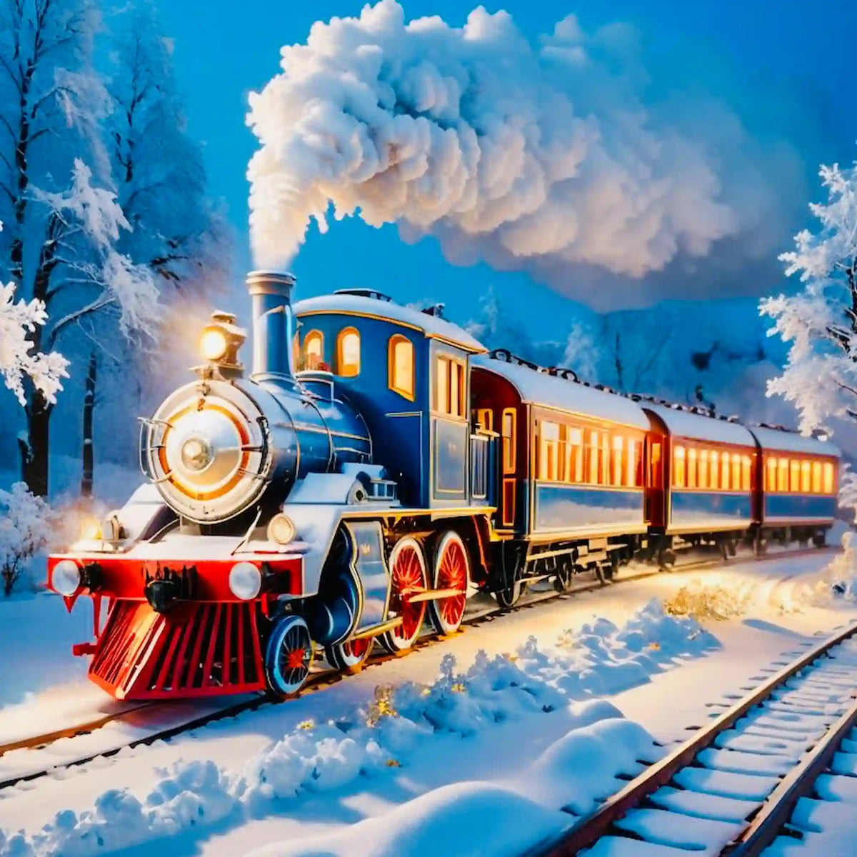 Diamond Painting Set Night Train im verschneiten Winterwald mit Dampflokomotive und beleuchteten Waggons bei Nacht