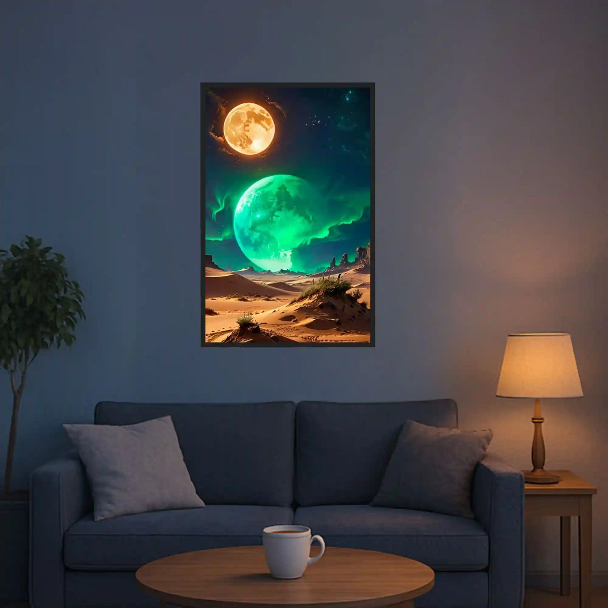 Diamond Painting Finsternis mit Fantasy-Nachtlandschaft, Vollmond und magischem grünem Nachthimmel an einer Wohnzimmerwand